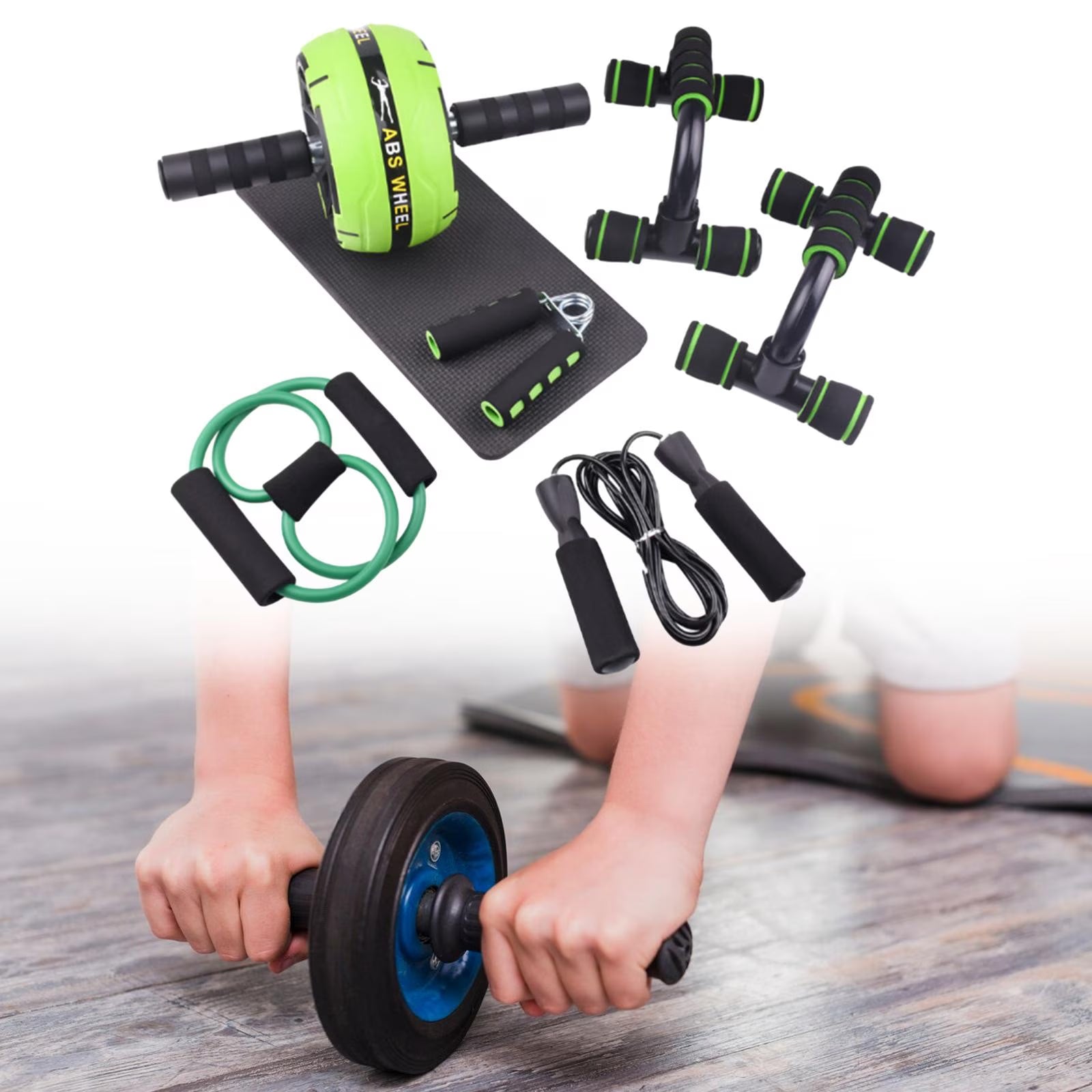 Abs Roller Wheel Indoor Fitness Equipment Set Home Gym Workout Chest Expander Green