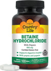 Betaine Hydrochloride with Pepsin, 600Mg, 100 Tablets, Certified Gluten Free | Supports Digestive Health with Pepsin Enzyme Blend; Free from Wheat, Soy, Yeast and Preservatives
