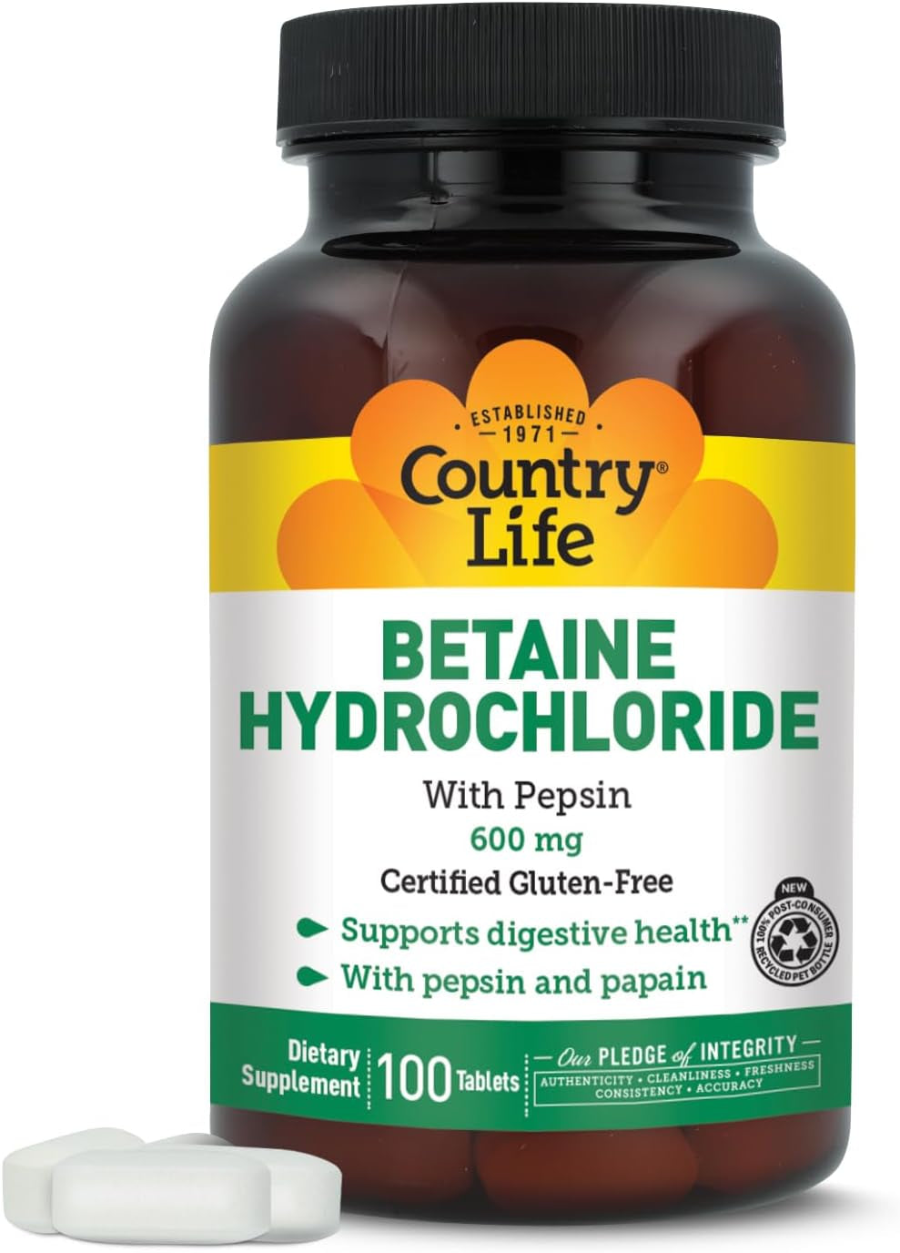 Betaine Hydrochloride with Pepsin, 600Mg, 100 Tablets, Certified Gluten Free | Supports Digestive Health with Pepsin Enzyme Blend; Free from Wheat, Soy, Yeast and Preservatives