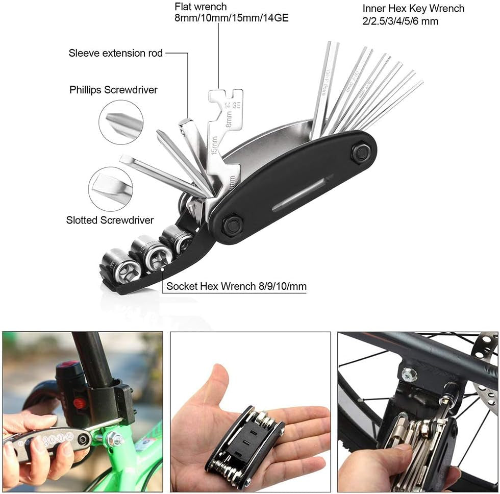 Multi-Function Bike Bicycle Cycling Mechanic Repair Tool Kits with 16-In-1, Bicycle Saddle Bag, Mini Bike Pump 120 PSI & Glue-Less Puncture Kit, Mechanic Portable Tools Bag with All in One