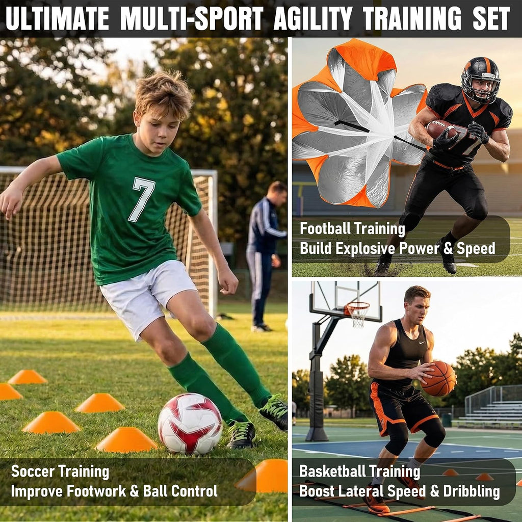 Agility Ladder, Agility Speed Training Equipment Set, 20Ft Speed Ladder | 4 Hurdles, 12 Soccer Cones, Jump Rope, Running Parachute, Soccer Football Basketball Training Equipment Accessories