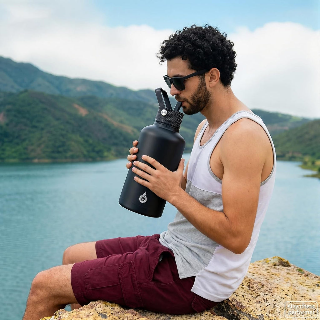 64Oz Insulated Water Bottle, Half Gallon Water Jug with Straw Lid | Large Stainless Steel Vacuum Jug, Keep Cold & Hot, Bpa-Free Leak-Proof with 3 Lids, Paracord Handle, for Sports Hiking Travel