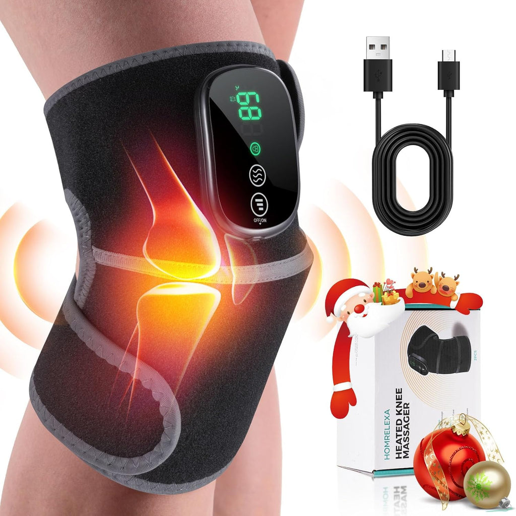 Cordless Heated Knee Massager, 3-In-1 Knee Heating Pad, Black 1PC | 3 Vibration Mode and 3 Heating Levels, Auto-Off Timer, Electric Knee Brace for Knee Shoulder Elbow, Ideal Gifts for Men Women