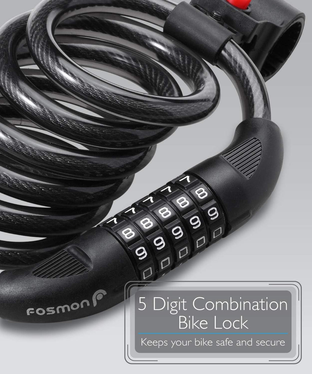 Bike Lock Cable (4 Feet), Heavy Duty 5-Digit Self Coiling Resettable Combination Code, Bicycle Chain Flexible Steel Security Cable Lock with Bike Mount Holder - Black