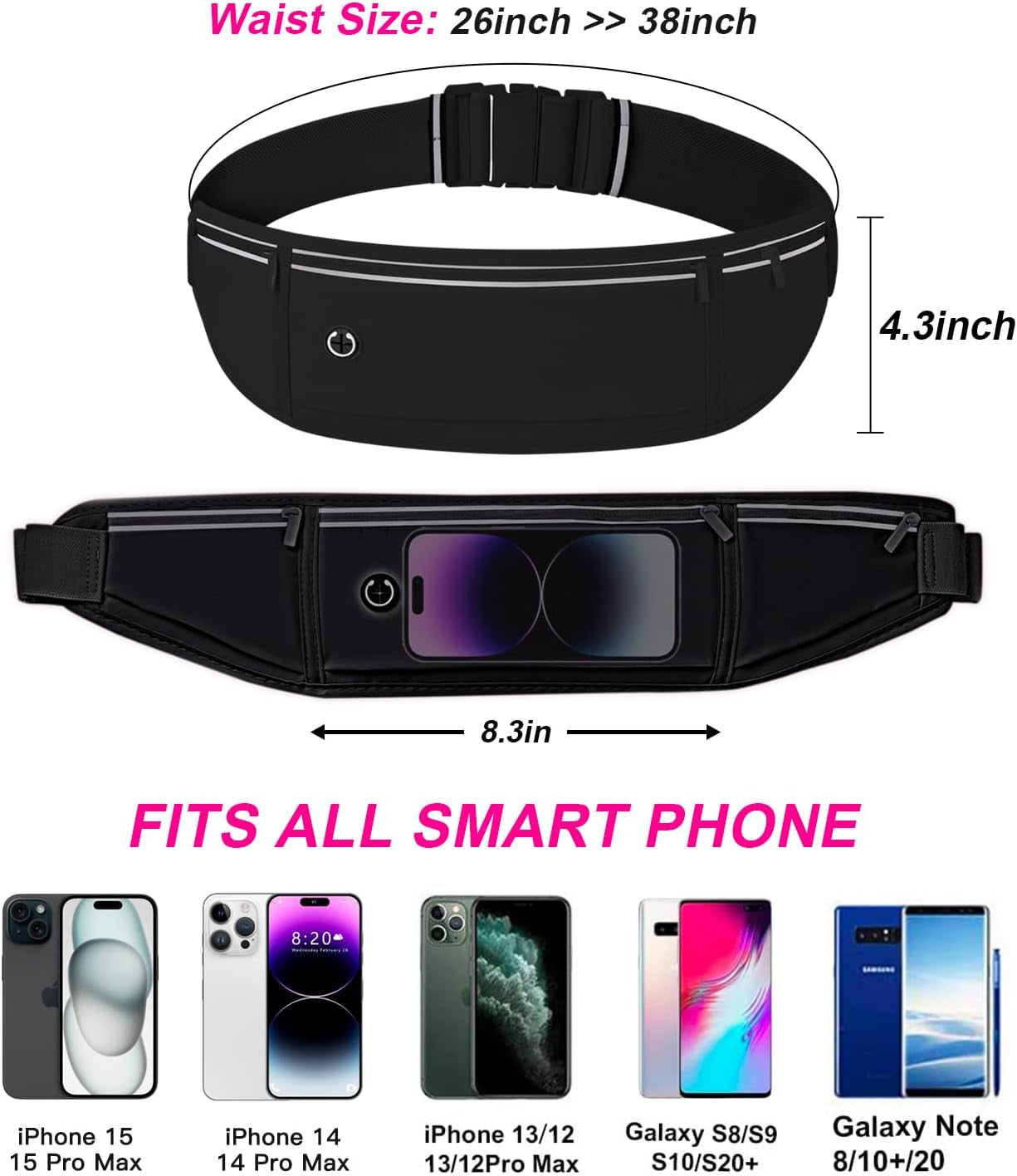 Slim Running Belt for Women Men,Runners Fanny Pack Phone Holder,Money Belt,Running Gear Accessories,With 3 Pockets(Black)