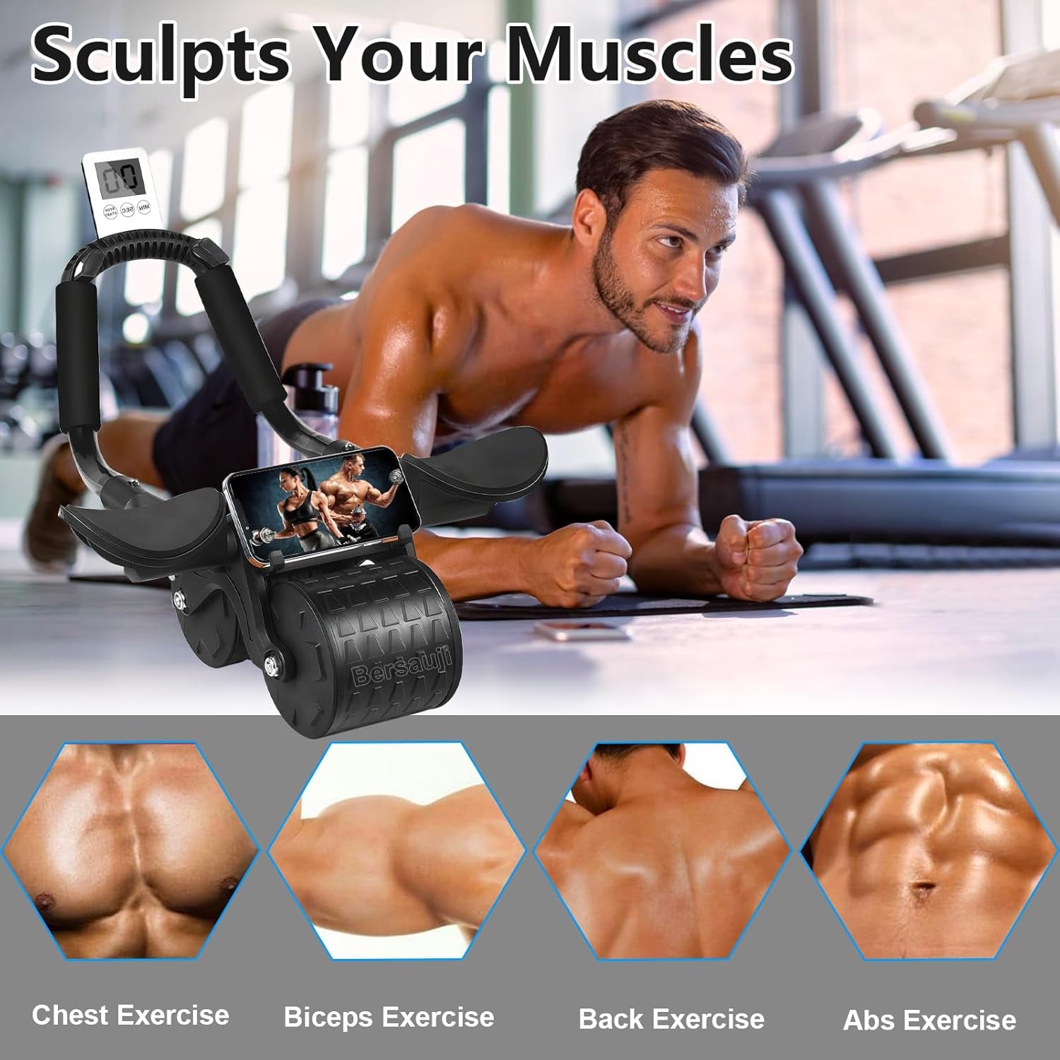 2026 Upgraded Ab Roller Wheel with Knee Mat &Timer - Automatic Rebound Abdominal Wheel with Elbow Support, Abs Workout Equipment for Core Strength Training, Ab Exercise Roller for Women Men