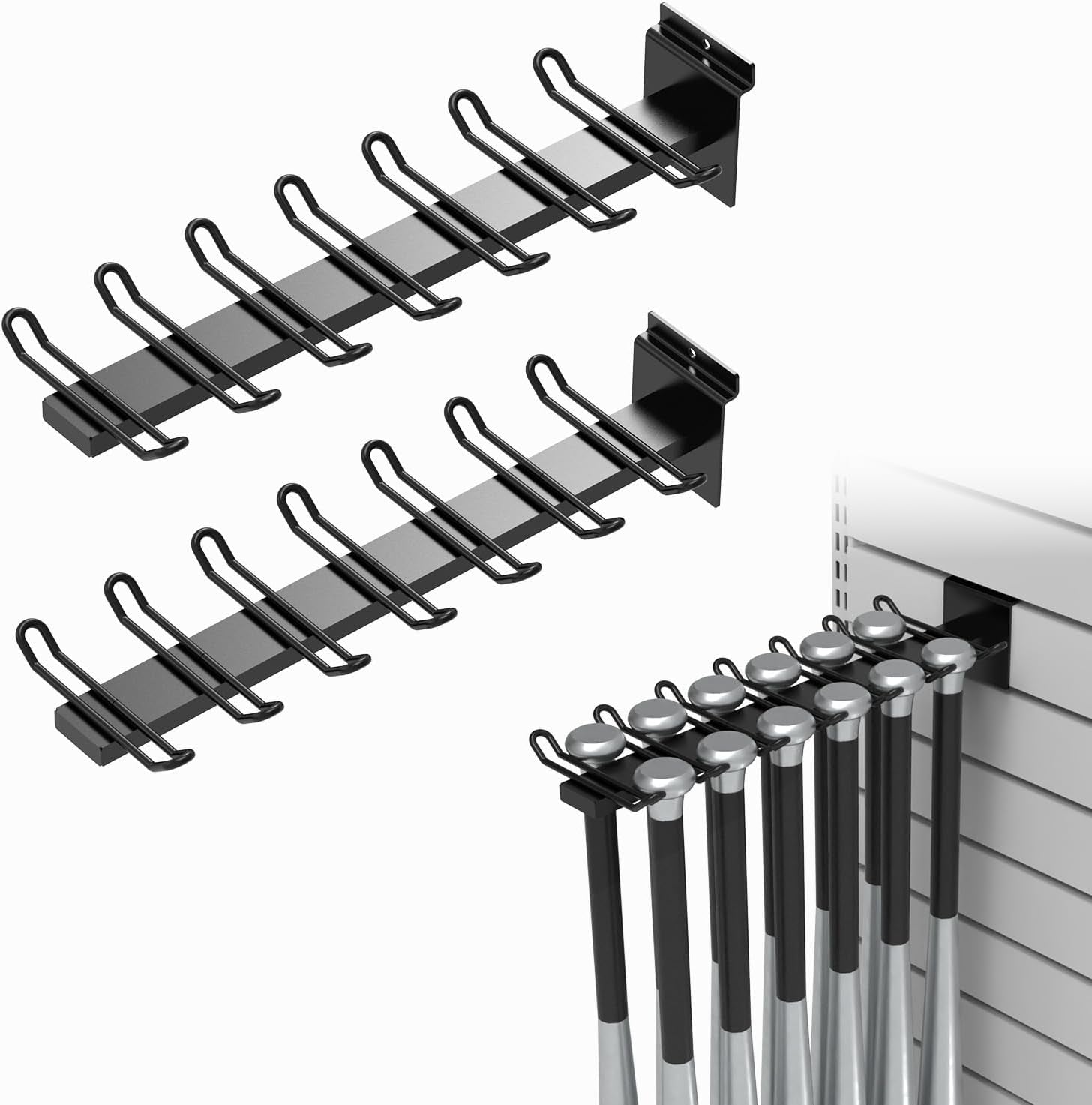 Baseball Bat Holder to Hold 6, 8, 12 Bats, Sports Softball Bat Slatwall Storage Vertical Display Rack, Slatwall Accessories (12 Bats Holder - 2 Pack, Black)