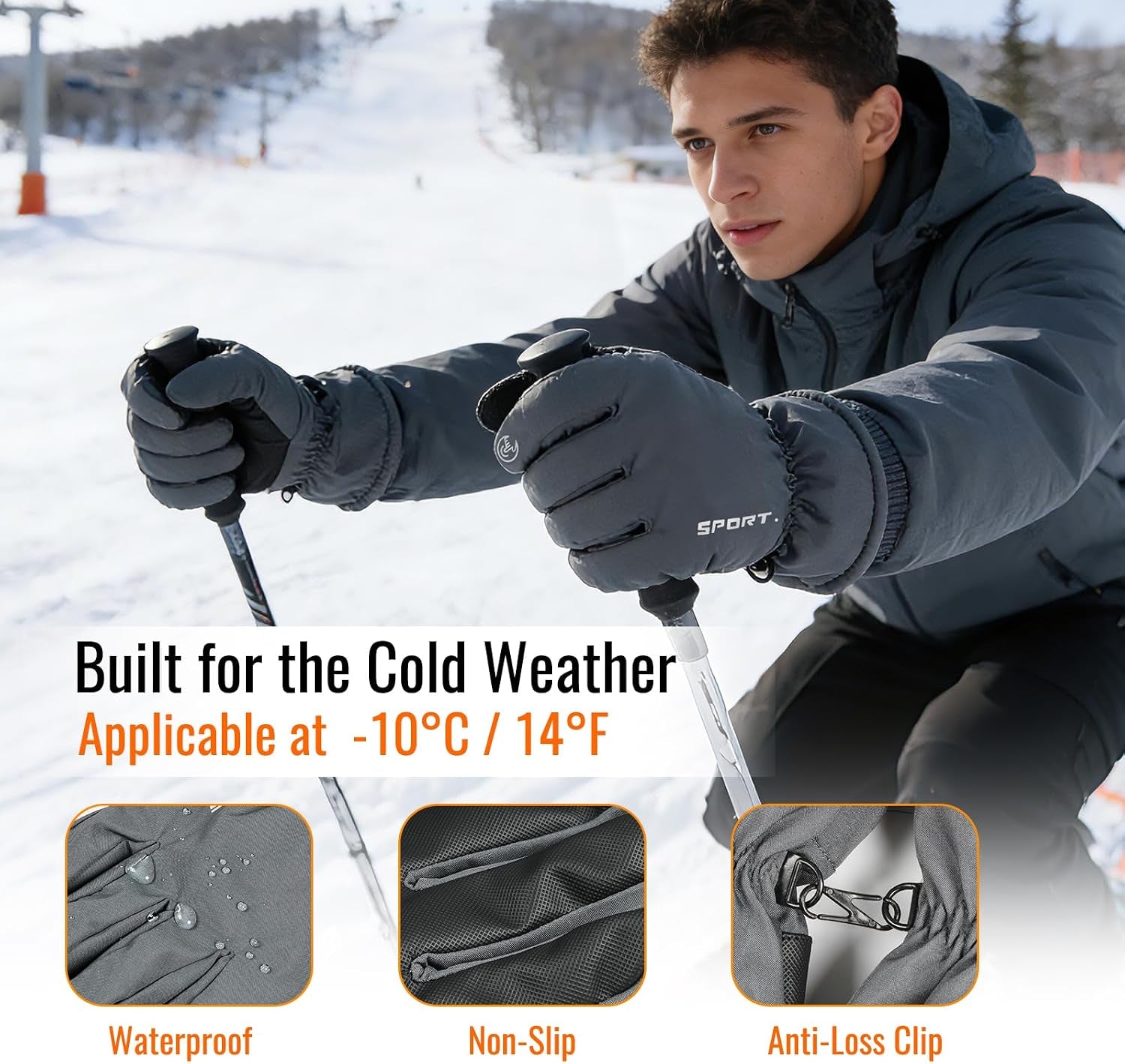 Ski Gloves Men Women Waterproof Winter - Snow Gloves with Thermal Lining, Non-Slip Grip & Opening for Cold Weather