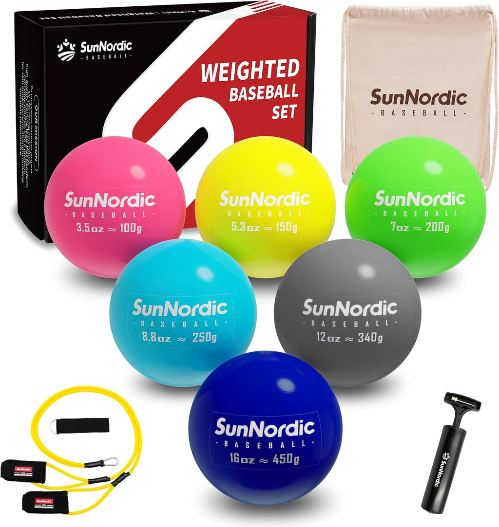6 Pack Smooth Weighted Baseball Set with Resistance Band | 3.5-53Oz, Variable Weight Plyometric Baseballs with Pump & Carry Bag, Improved Power & Pitching Training, All Skill Levels