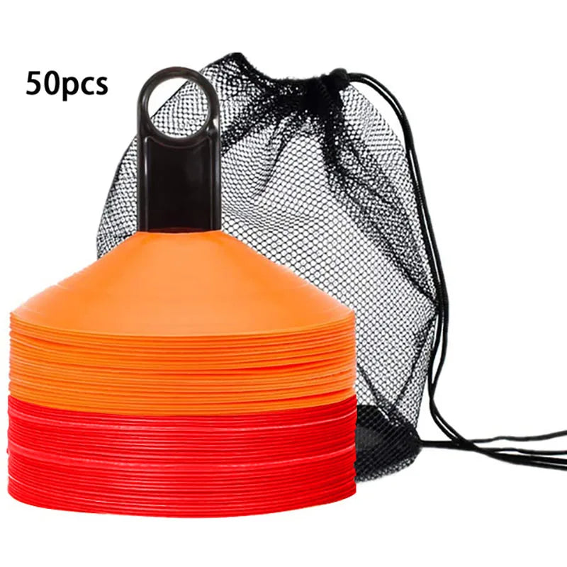 Set of 50 Agility Soccer Cones with Carry Bag Logo Disc and Holder for Training Football Kids Sports Field Cone Markers