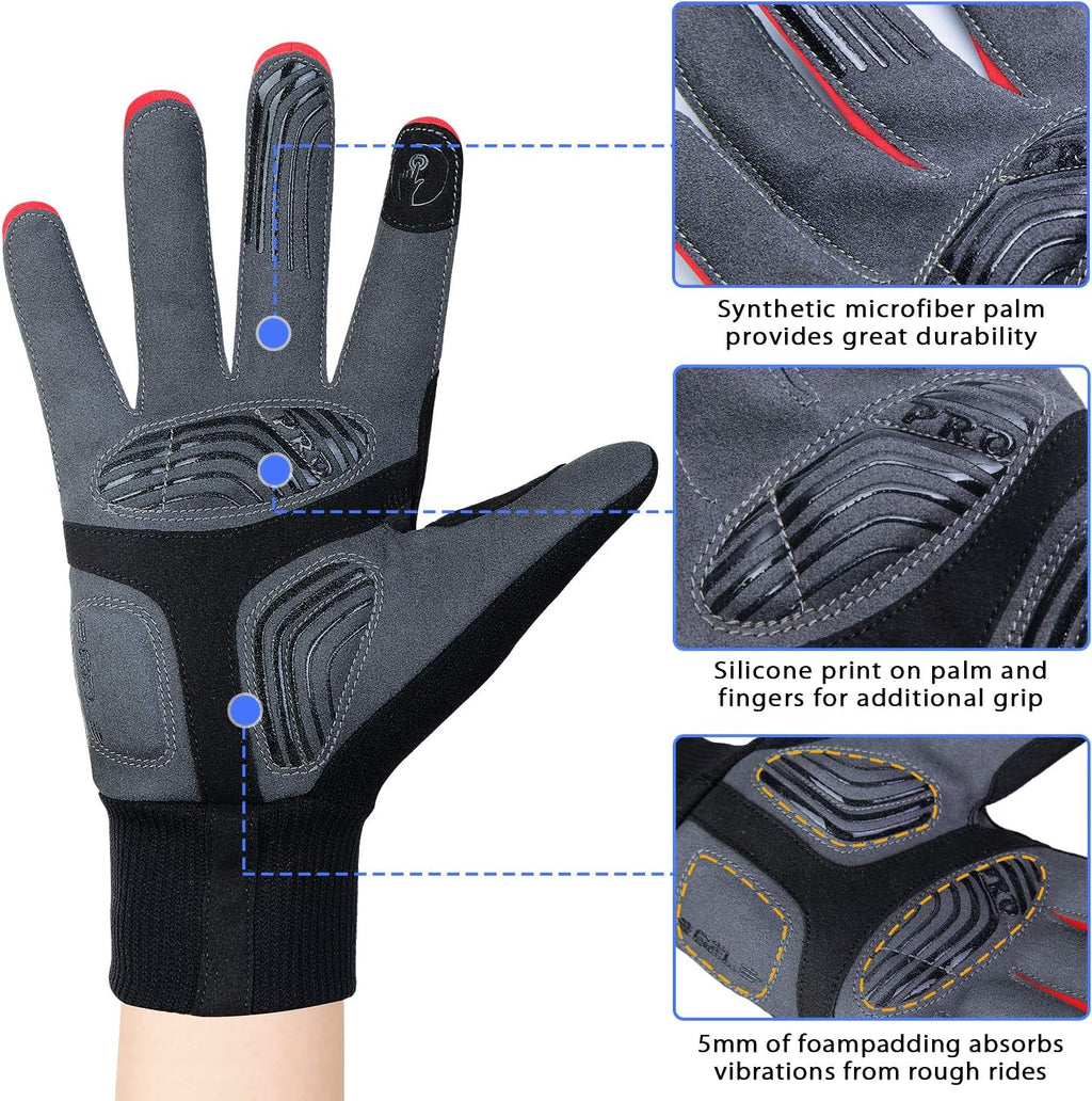 Winter Cycling Gloves Men Women, Touch Screen Padded Bike Glove Water Resistant Windproof Warm Anti-Slip for Running, Biking, Workout