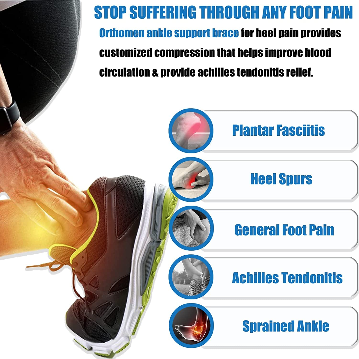 Ankle Compression Sleeve Support Brace for Women &amp; Men Plantar Fasciitis Achilles Tendonitis Joint Heel Pain Relief (Blue/M)