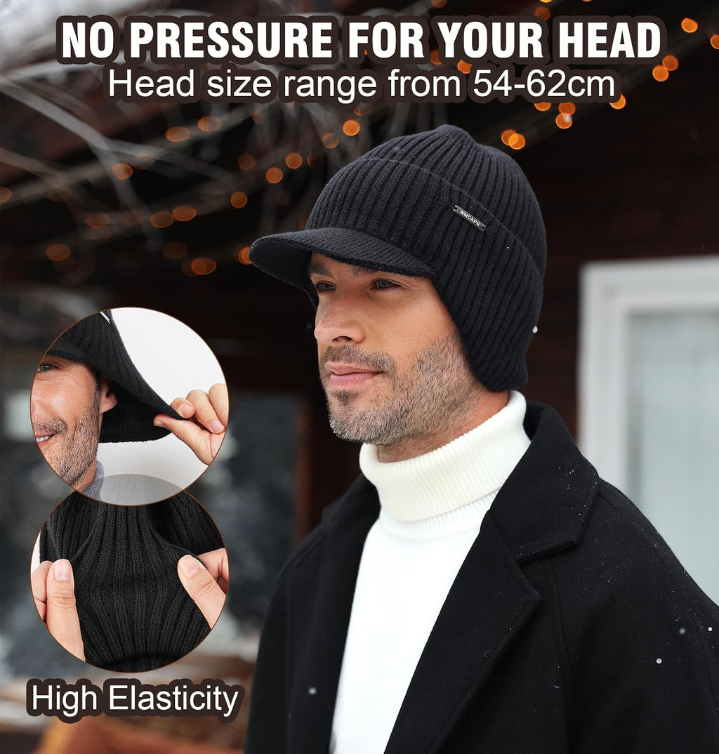 Winter Beanie with Brim & Ear Flaps, Fleece Lined Hat for Men Women | Ultra Soft Warm Extended Fleece, Stretchy Fit, Shields Sun/Rain/Snow, Cold Weather Gifts for Golf, Hiking, Daily Outdoor Work