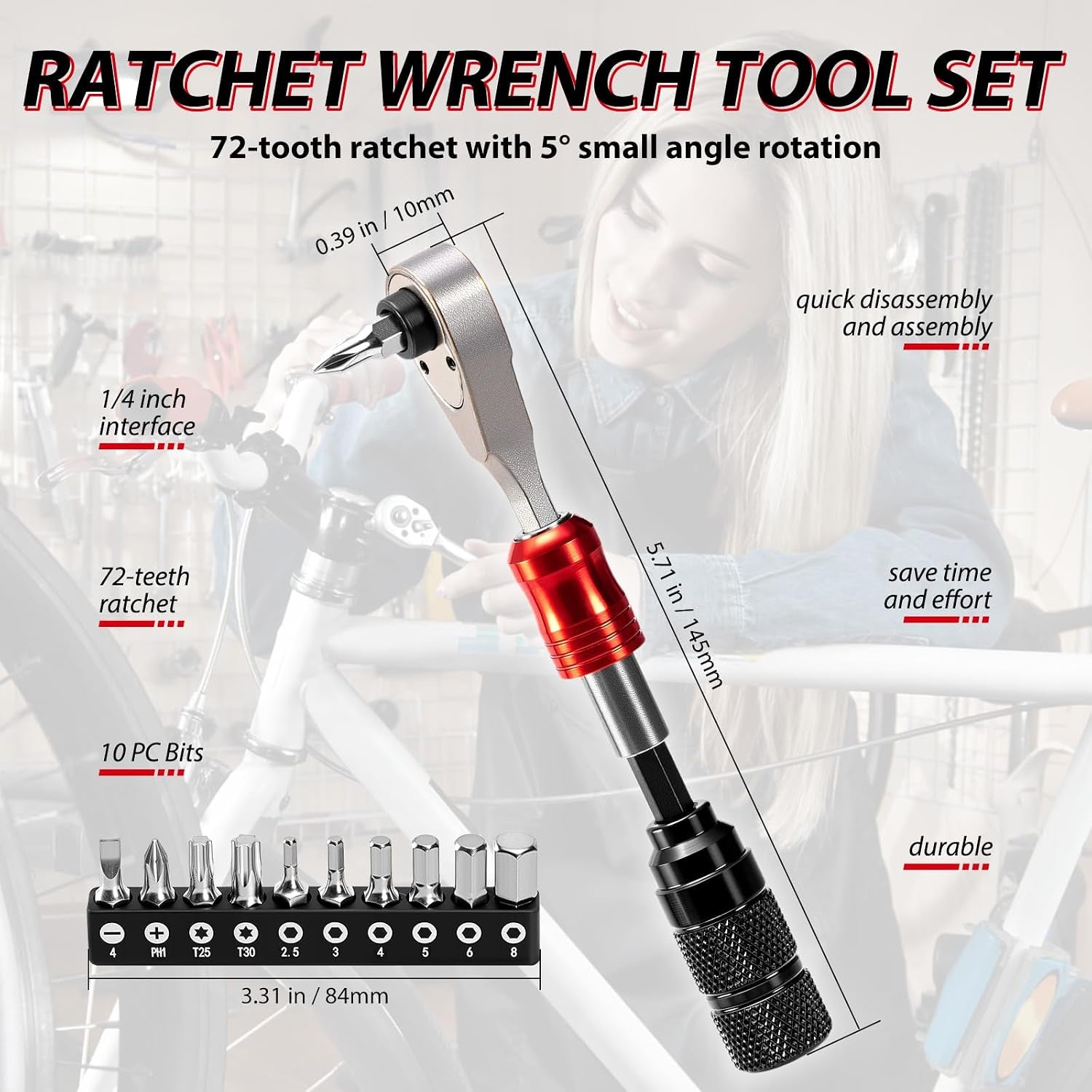 Bike Repair Tool Kit with Mini Pump & 10 Magnetic Bits - Alloy Multitool for Bicycle, MTB, Road Cycling - Portable Multifunction Tool Set Include Tire Inflator for Presta/Schrader Valves
