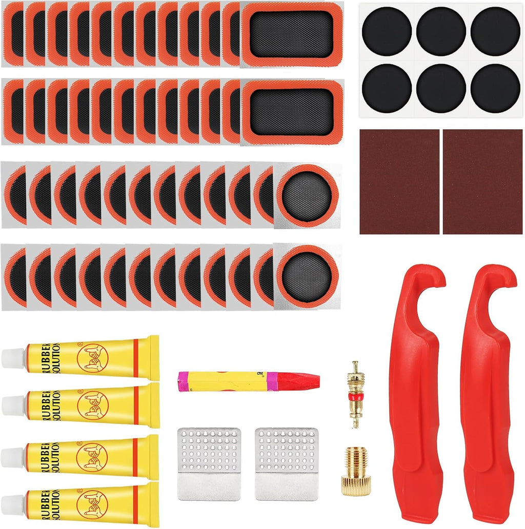 80Pcs Bike Tire Repair Kit, Self-Adhesive Bike Tire Patch Kit | Bike Tool Kit with Portable Storage Box and Valve Converter, Bike Repair Kit for Mountain Bikes, Commuter Bikes, Motorcycles