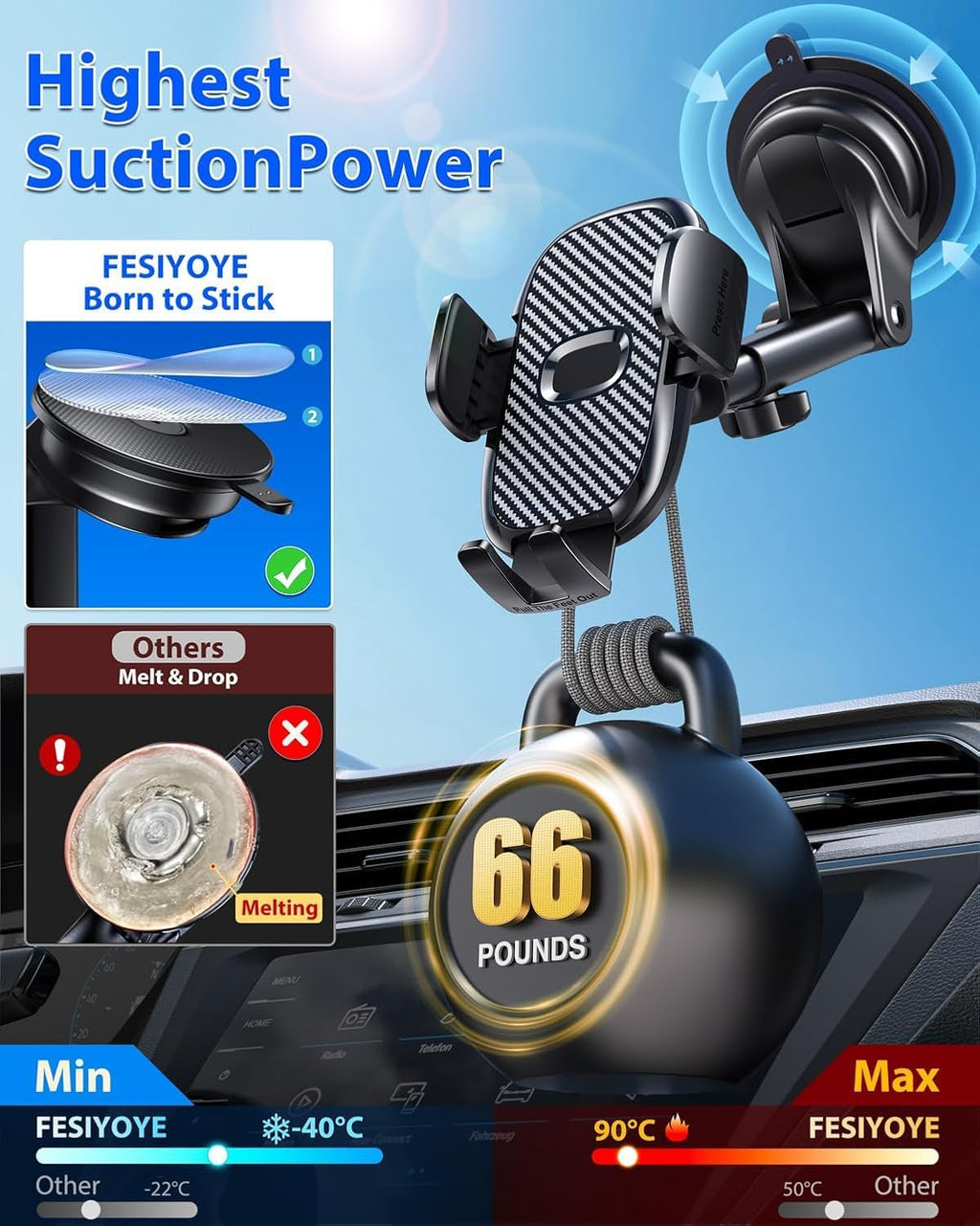 Car Phone Holder[Military-Grade 360°Suction Cup] Phone Holders for Your Car Universal Accessories Air Vent Dashboard Windshield Phone Mount Automotive Cradles Fit Shower & Wall Mounts Iphone