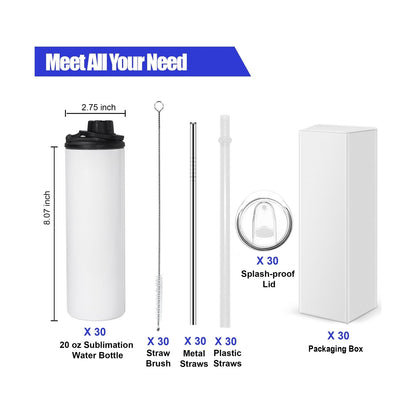 FECBK 30 Pack Sublimation Water Bottle Blanks 20 Oz Sublimation Sports Water ...