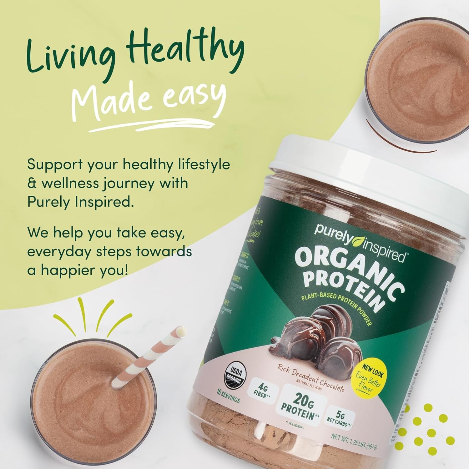 Plant-Based Protein Powder for Men & Women, Rich Decadent Chocolate (16 Servings) - Vegan & Organic - 20G of Pea Protein Powder for Smoothies & Shakes - Dairy-Free, & Gluten-Free