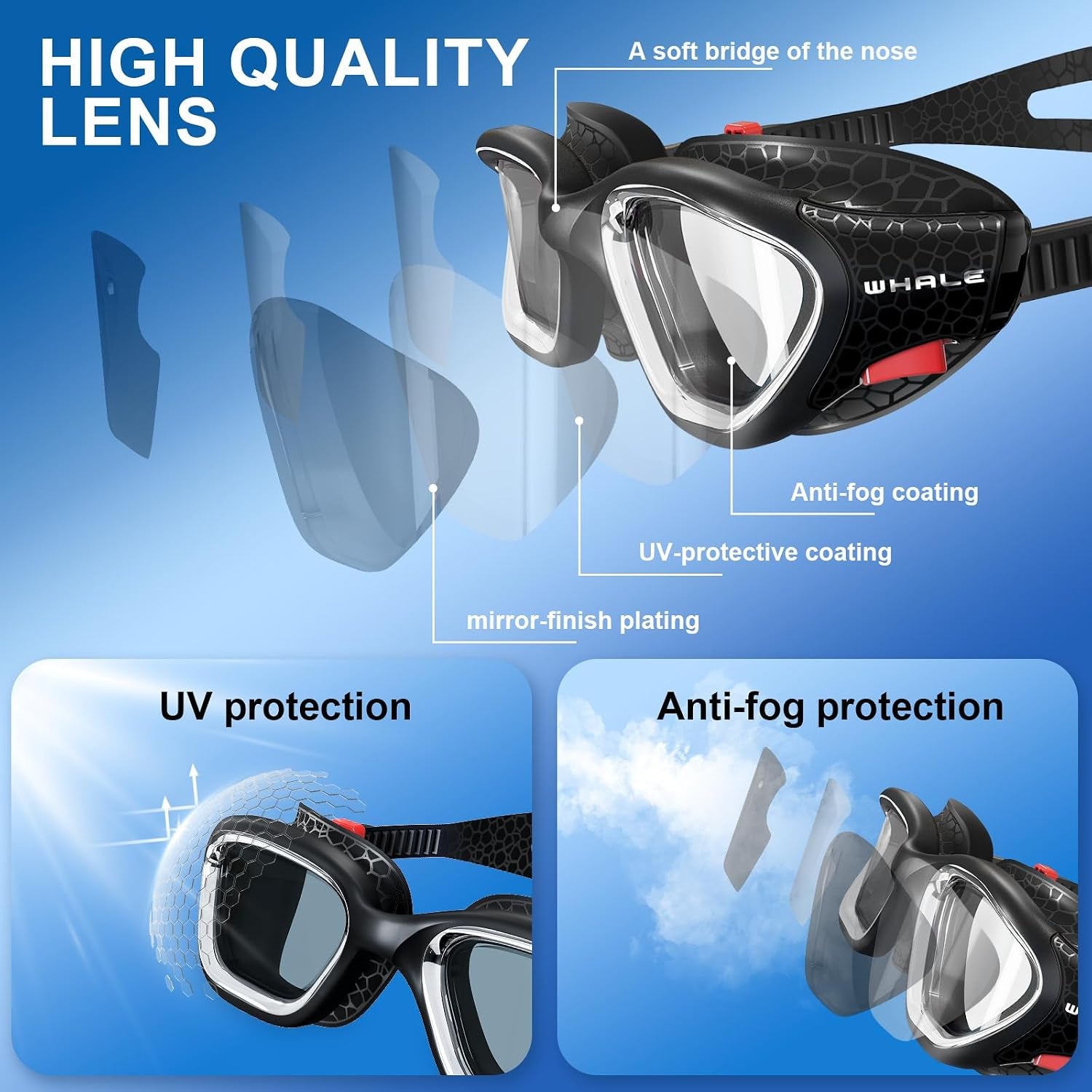 Swim Goggles, HD Anti-Fog Goggles, Unisex | 100% UV Protection | Anti-Fog Design Clear Wide-Angle Underwater View