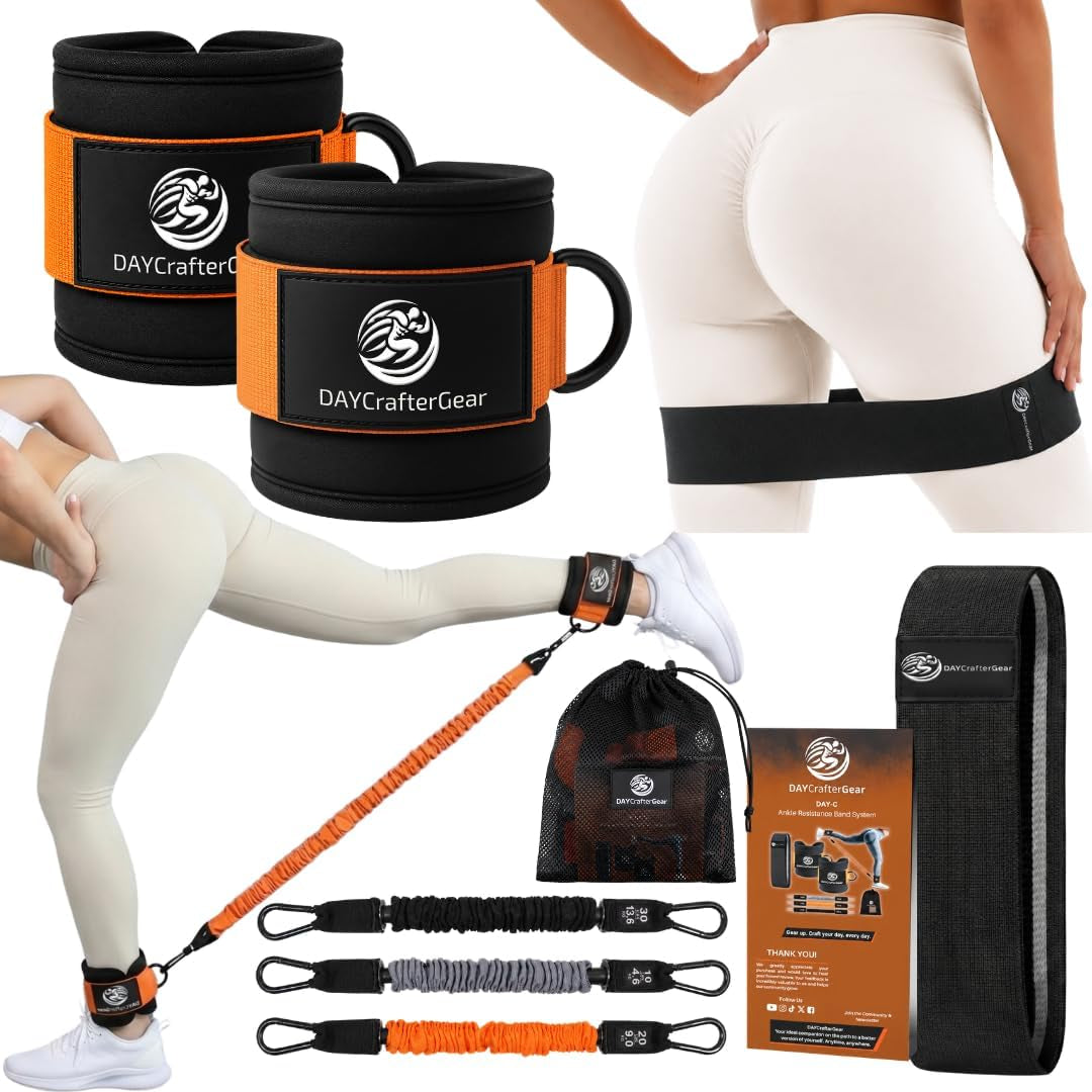 Ankle Resistance Bands with Cuffs & Bonus Fabric Resistance Bands for Working Out – Home Workout Set for Legs, Glutes, Yoga, Pilates, Strength Training Women & Men – Includes Bag & Guide