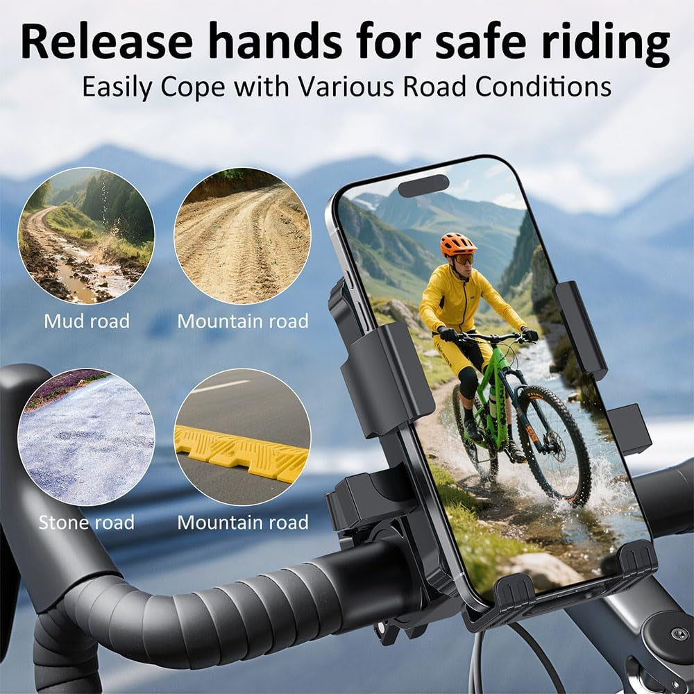 Bike Phone Holder, Handlebar Phone Mount for Bike and Motorcycle, Electric Scooter Mountain Bike, Adjustable Cell Phone Holder,Secure Holder for 4.7-6.8 Inch All Cell Phones