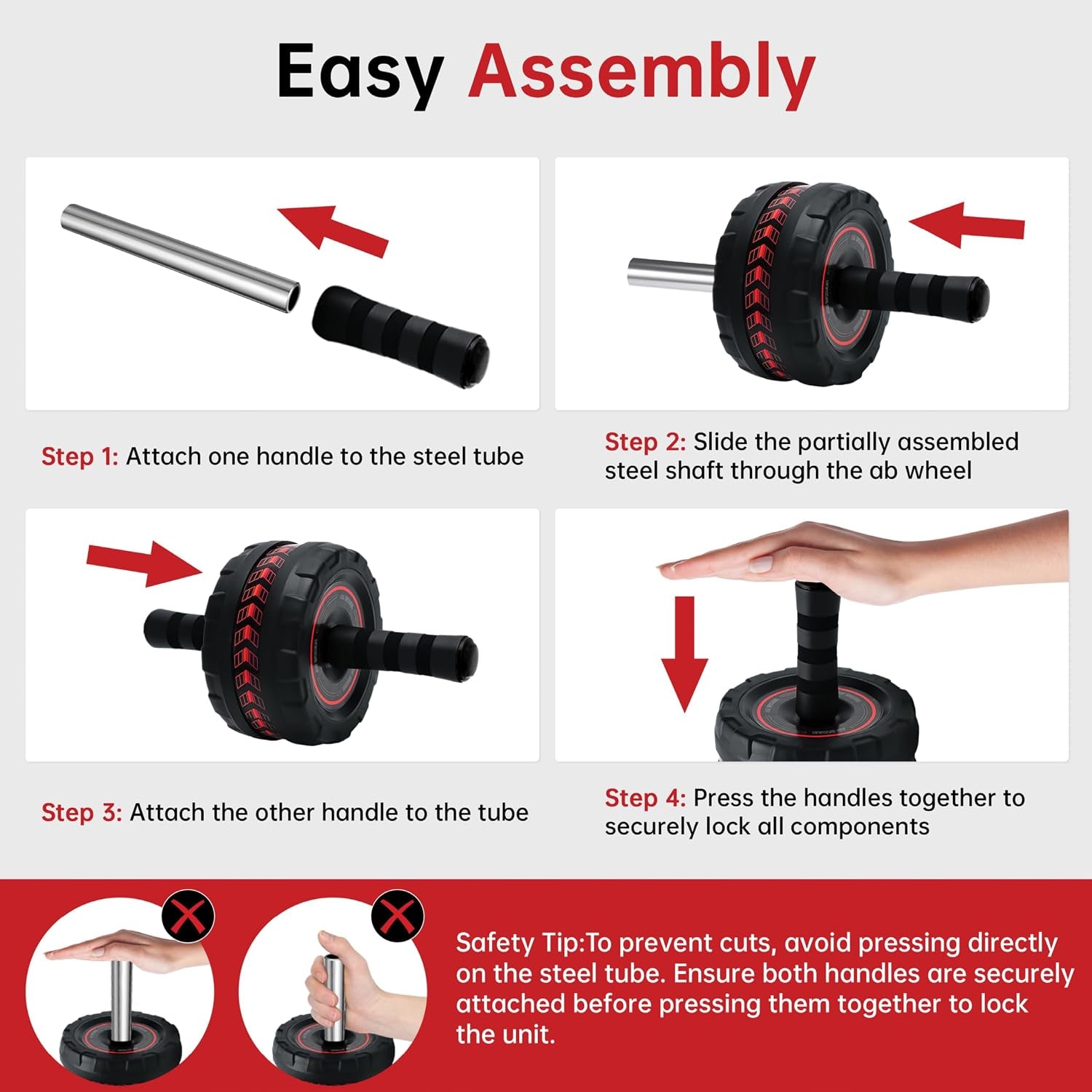 Ab Roller Wheel for Abs Workout - Core Strength Training Equipment for Home Gym with Knee Pad, Abdominal Exercise Wheel for Men and Women (Red)