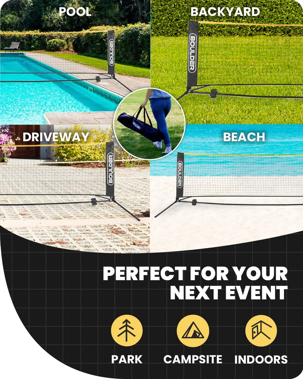 Portable Badminton Pickleball Net - Foldable/Extendable Poles for Multiple Sports Heights (UP to 5 Ft) - Ideal for Tennis, Pickleball, Soccer Tennis - Easy Setup