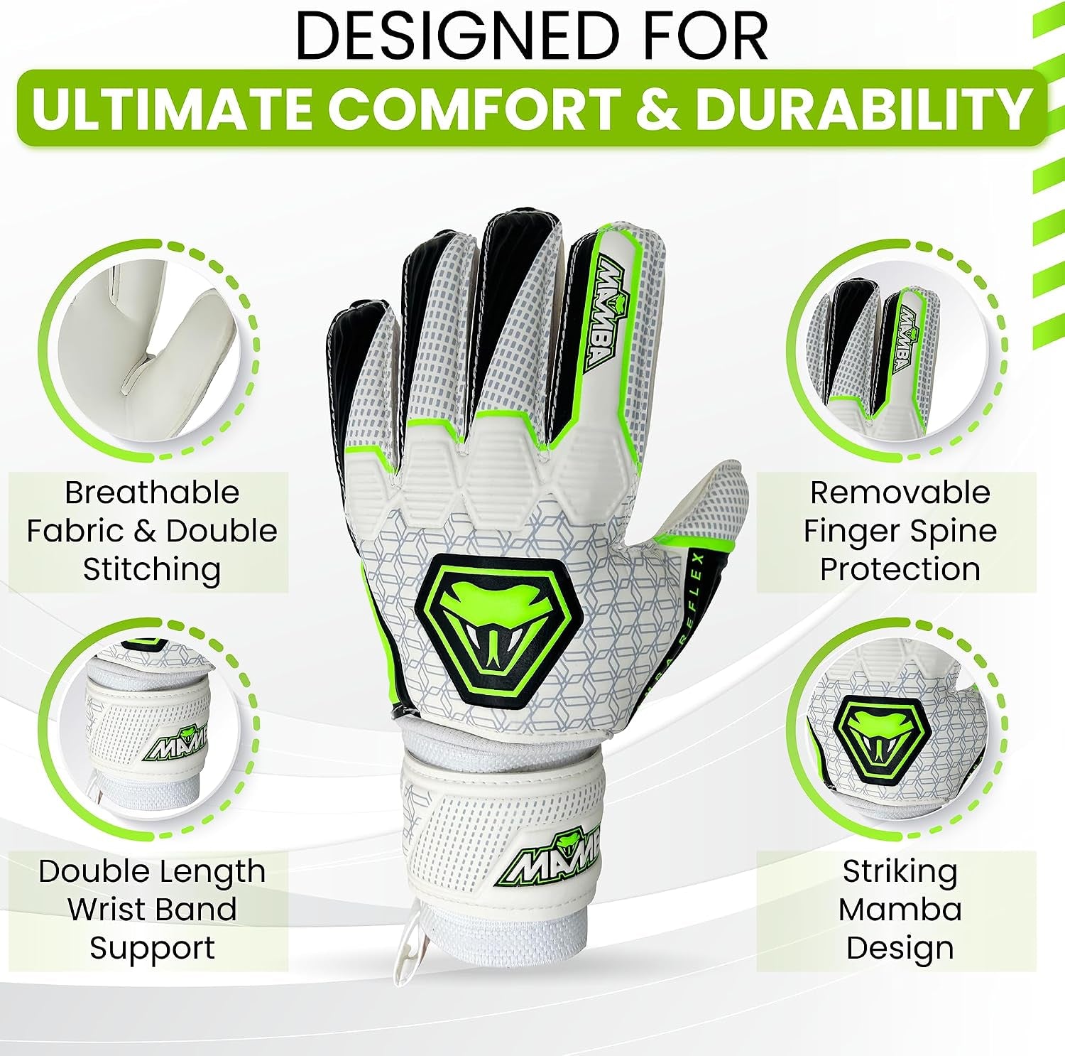 Reflex Goalkeeper Gloves | Youth/Adult | Quality Latex Palm & Back Hand | Removable Finger Spine Protection & Double Length Latex Wristband | Standout Design