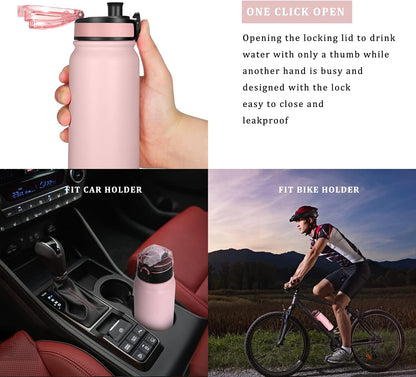Kids Water Bottle with Straw Spout Wide Mouth Lid 20 Oz Leak Proof Double Walled Metal Insulated Stainless Steel Sports Water Bottles with Strap Handle Stickers for Boys Girls School(3 Lids)