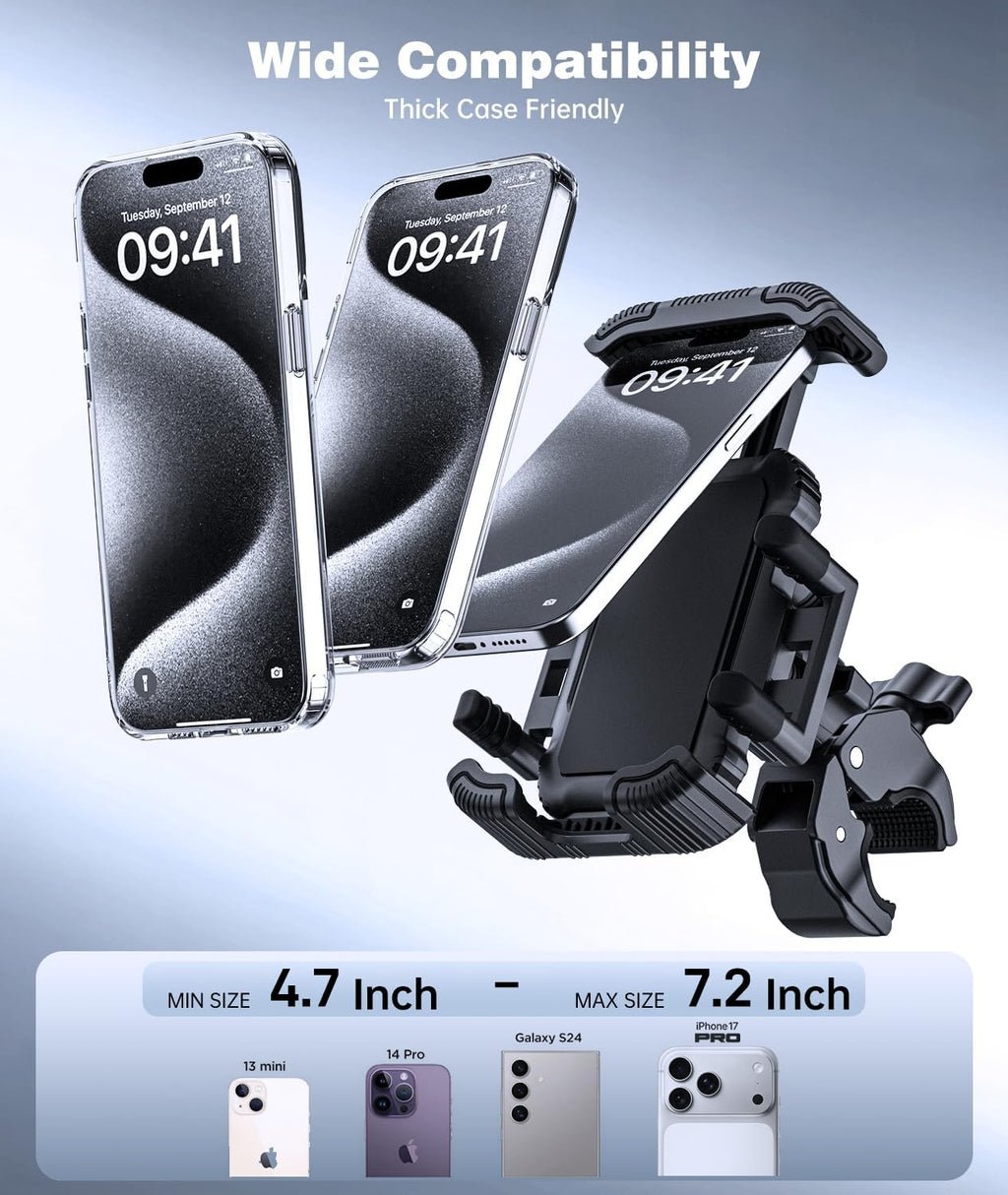 Bike Phone Holder for Handlebar, Motorcycle Phone Mount, Shock Absorbing Anti-Shake Phone Mount for Bike Scooter Motorcycle, Fits Iphone, Samsung, 4.7-7.2 Inch Smartphones