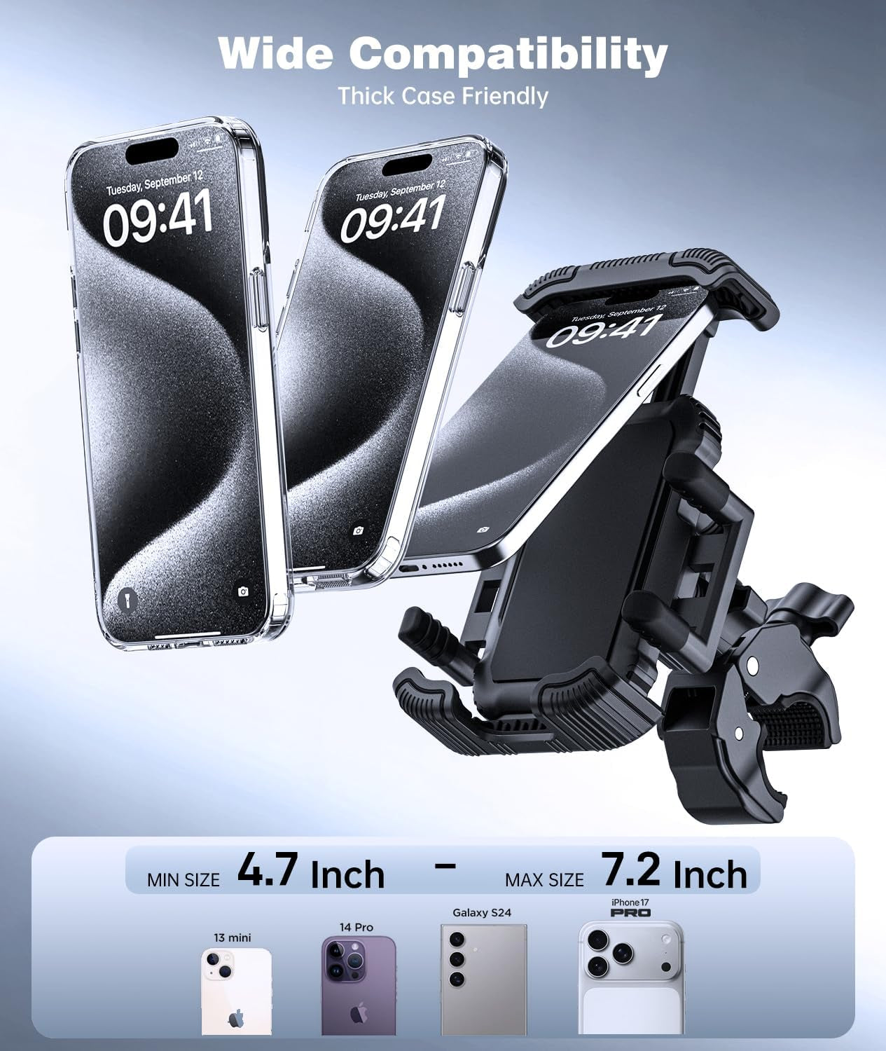 Bike Phone Holder for Handlebar, Motorcycle Phone Mount, Shock Absorbing Anti-Shake Phone Mount for Bike Scooter Motorcycle, Fits Iphone, Samsung, 4.7-7.2 Inch Smartphones
