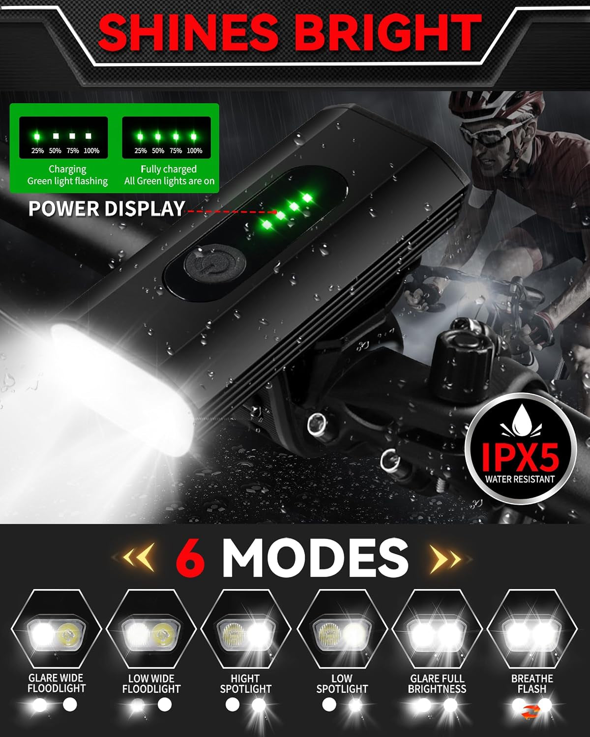 Bike Headlight Rechargeable USB-C, Bicycle Lights 4000LM | Ultra Bright, Mountain Bike Light Set for Night Riding, 6+5 Mode Waterproof Front Bike Light & Rear Light for Road, Cycling