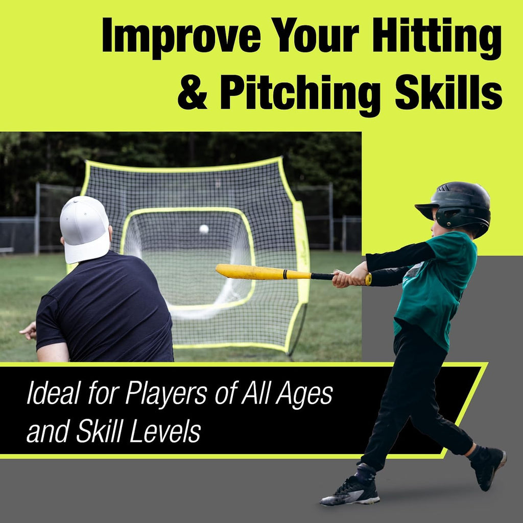 7X7 Ft Baseball and Softball Practice Net with Bow Frame | Includes Strike Zone Target and Carry Case. Bow Frame Sets up Fast for Hitting and Pitching Practice in the Yard or Field.