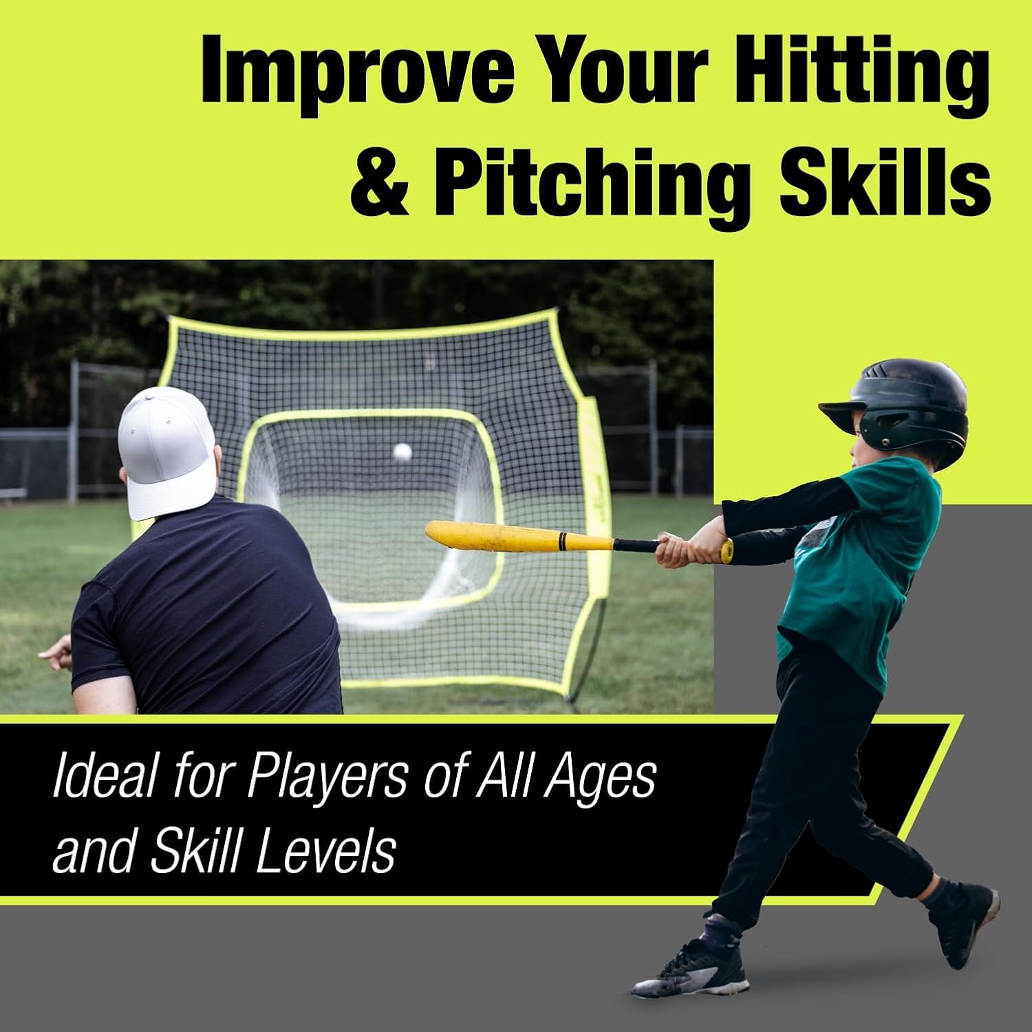 7X7 Ft Baseball and Softball Practice Net with Bow Frame | Includes Strike Zone Target and Carry Case. Bow Frame Sets up Fast for Hitting and Pitching Practice in the Yard or Field.