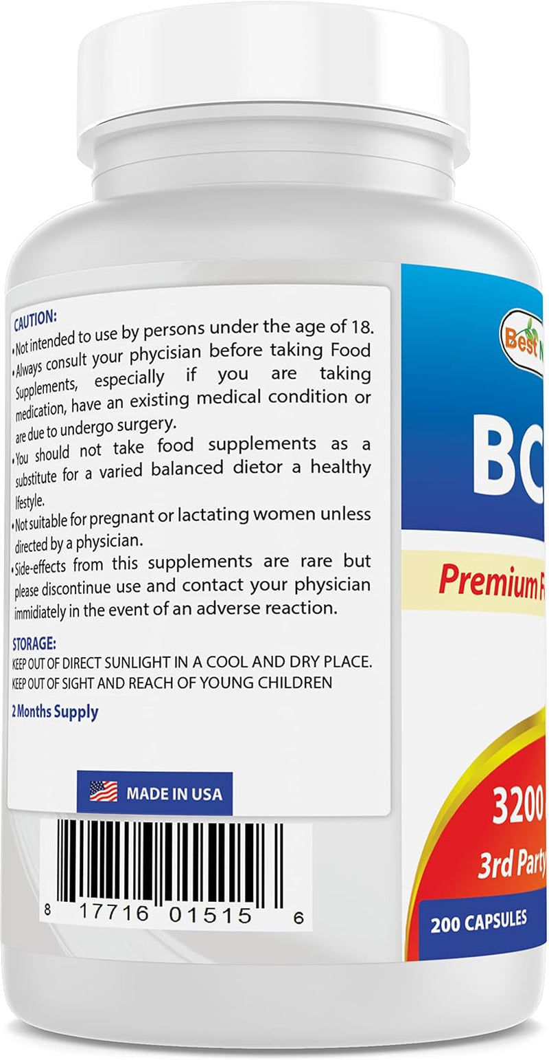 BCAA Branch Chain Amino Acid, 3200Mg per Serving, 200 Capsules - Pharmaceutical Grade - 100% Pure Instantized Formula | Pre/Post Workout Bodybuilding Supplement | Boost Muscle Growth