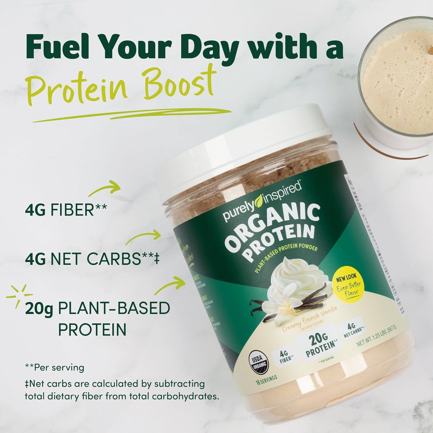 Plant-Based Protein Powder for Men & Women, Creamy French Vanilla (16 Servings) - Vegan & Organic - 20G of Pea Protein Powder for Smoothies & Shakes - Dairy-Free, & Gluten-Free