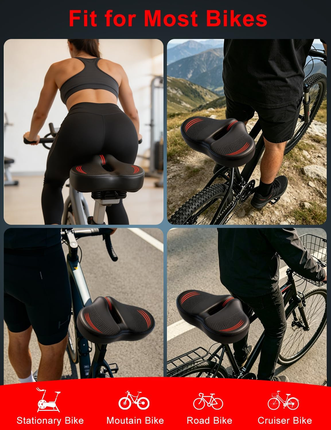 Noseless Oversized Bike Seat Cushion Comfortable Extra Wide 13.6" Padded | NEW Noseless Bicycle Seat for Men and Women, Comfort Bike Saddle Replacement for Peloton, Exercise, Cruiser, Mountain Bikes