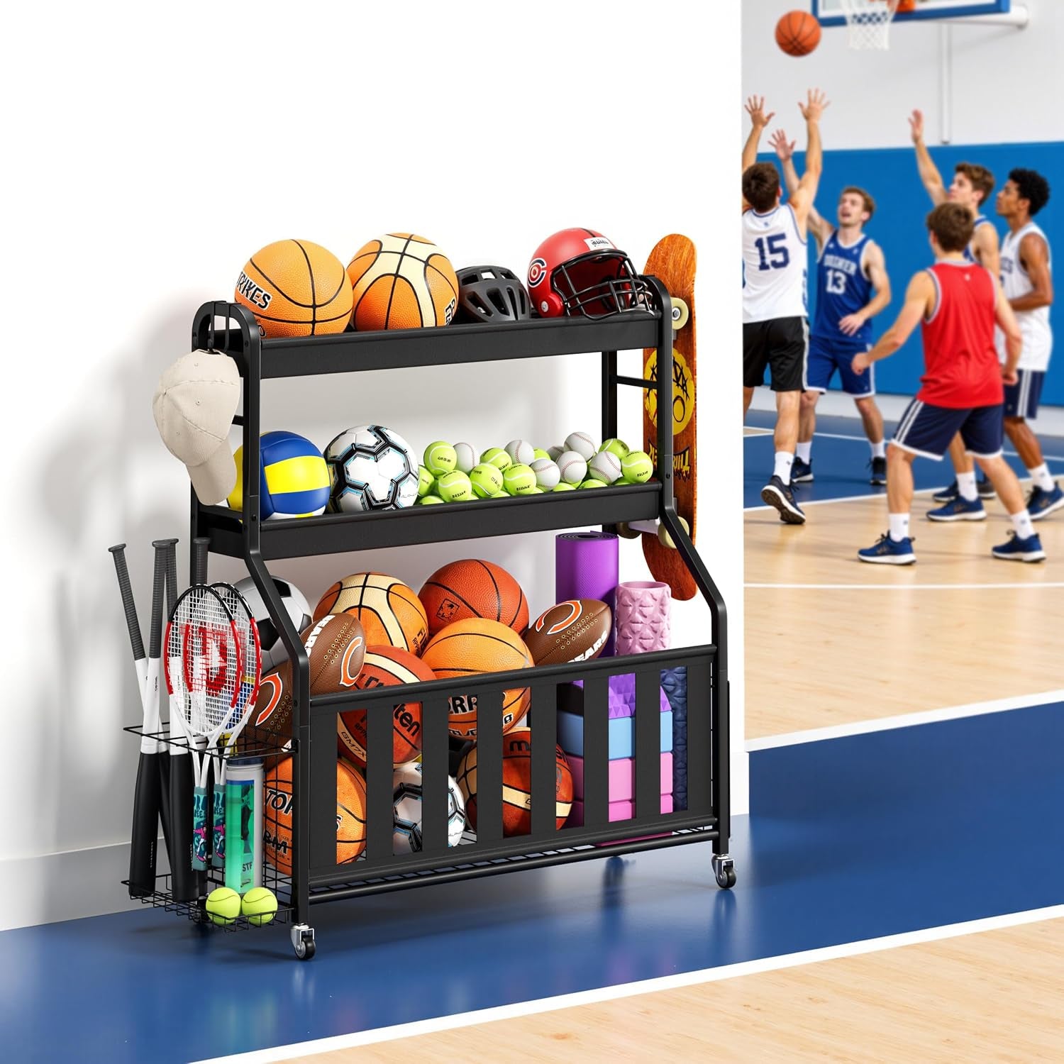 Sports Equipment Organizer, Large Capacity Garage Ball Storage Rack | Heavy-Duty Rolling Ball Cart with Locking Wheels for Basketball, Soccer & Sports Gear