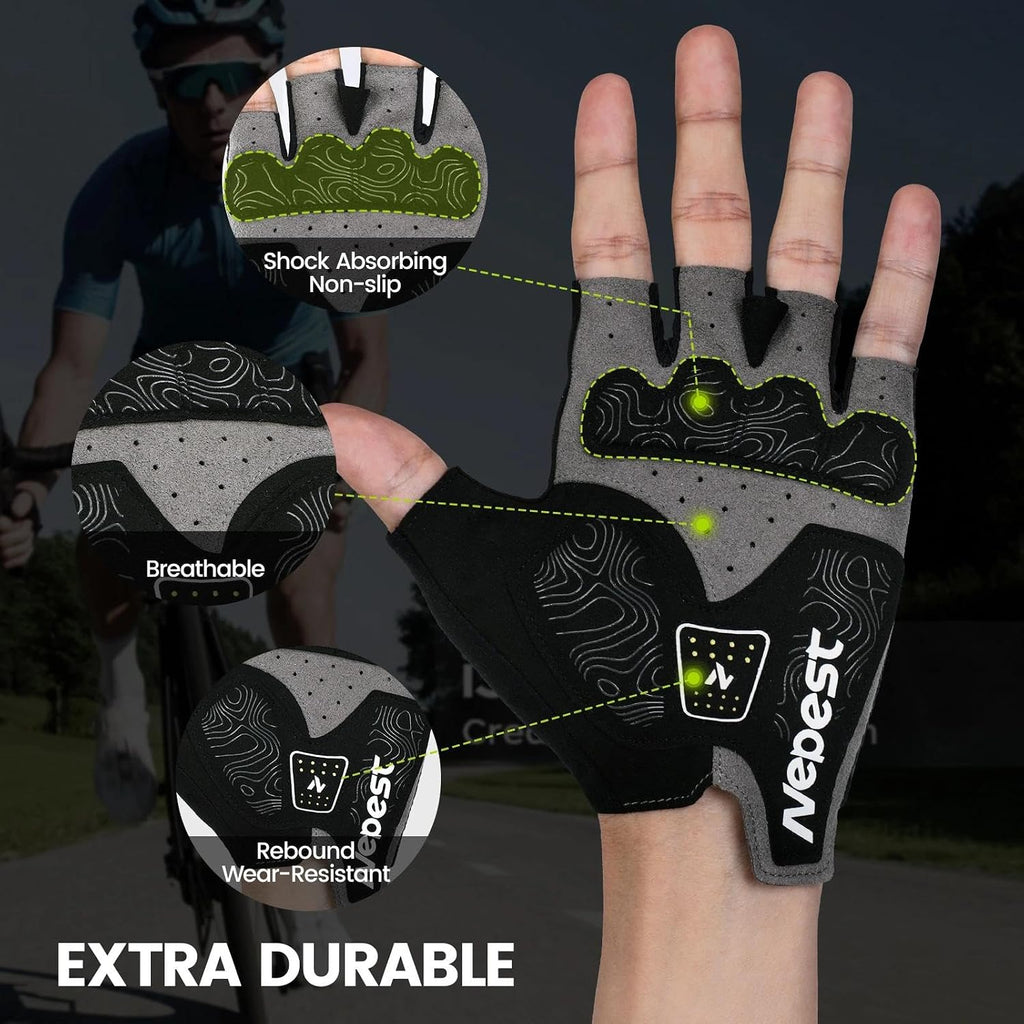 Road Cycling Gloves Gel Padded Absorbing Fingerless Breathable | Moisture-Wicking, Stretchy, Pull Tabs, Anti-Slip Grip, Adjustable Wrist Closure, Reflective, Gravel, MTB