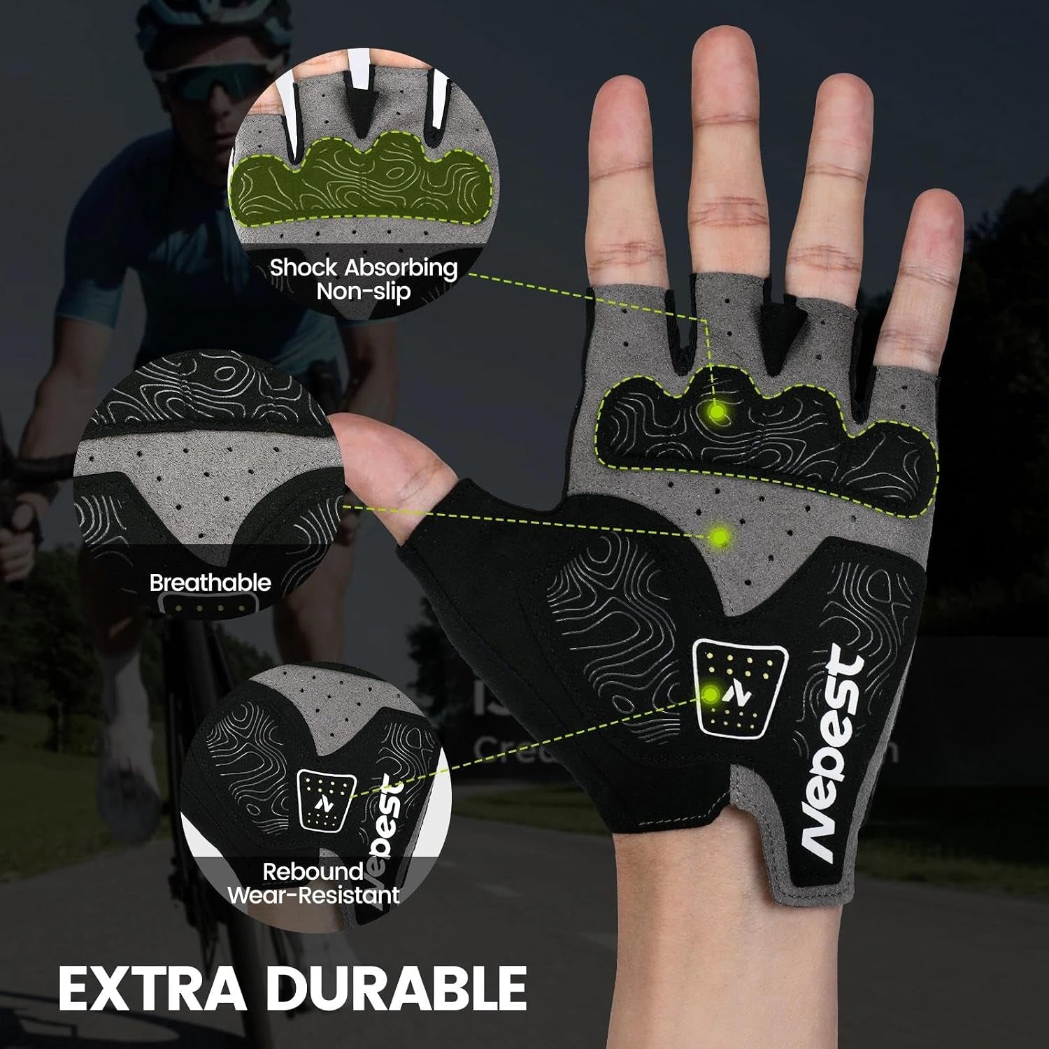 Road Cycling Gloves Gel Padded Absorbing Fingerless Breathable | Moisture-Wicking, Stretchy, Pull Tabs, Anti-Slip Grip, Adjustable Wrist Closure, Reflective, Gravel, MTB