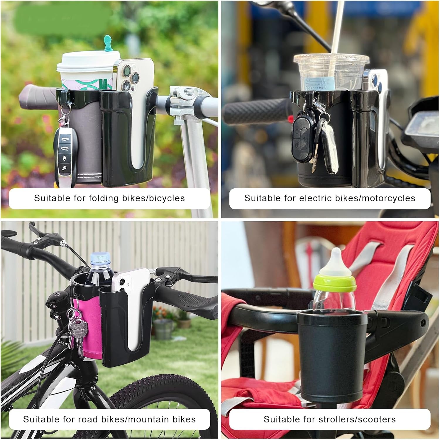 Bike Cup Holder, Bicycle Handlebar Water Bottle Holders with Cell Phone Keys Holder, Universal Drink Bottle Cage for Bike Motorcycle Scooter Stroller Walker Wheelchair (Black)
