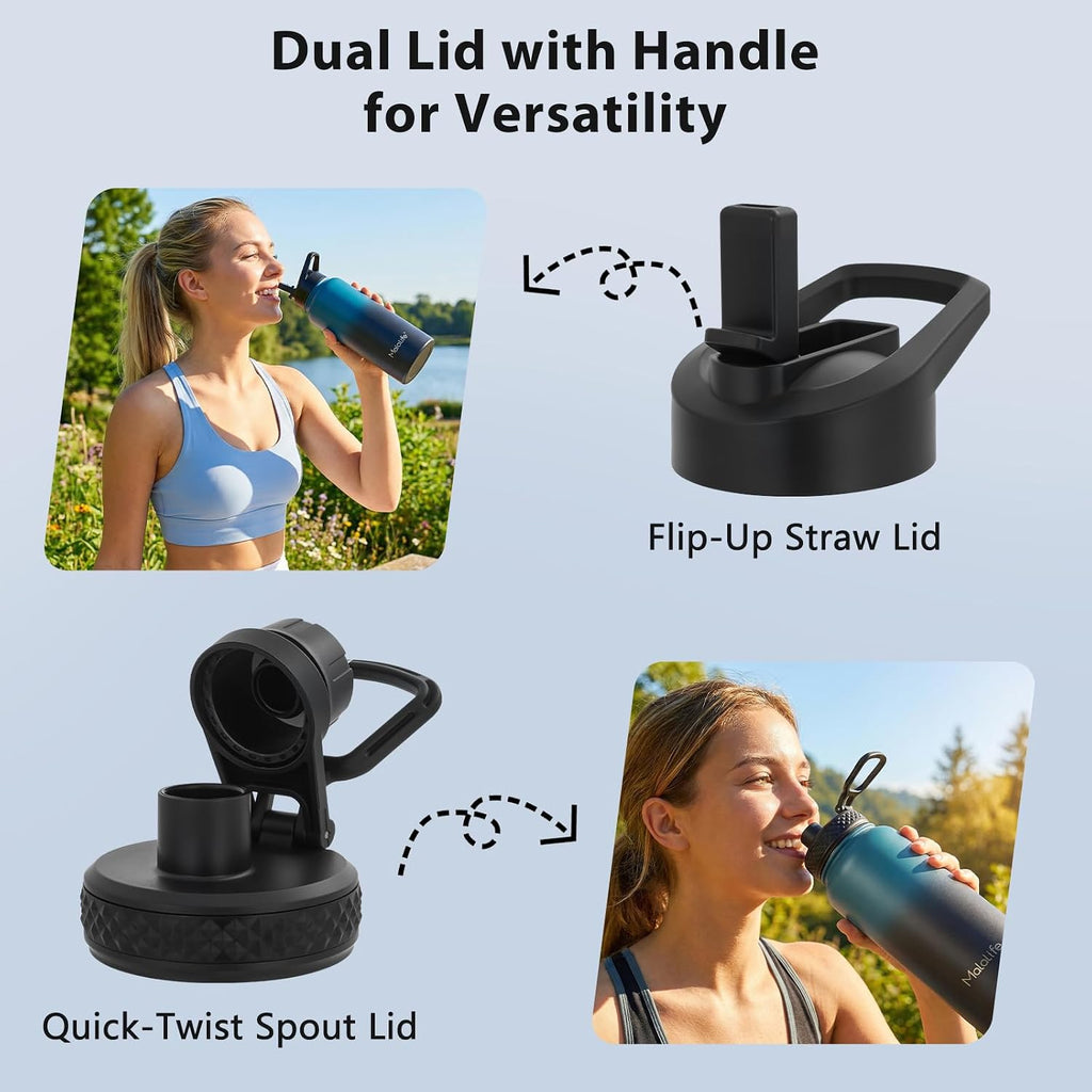 Water Bottle, BPA Free Insulated Stainless Steel, 32Oz, Dual Lids, Keep Cold 24H, Large Flask, Wide Mouth, Double Wall Metal Sport Drink Bottle, Hiking, Gym, Camping, Deep Teal & Onyx
