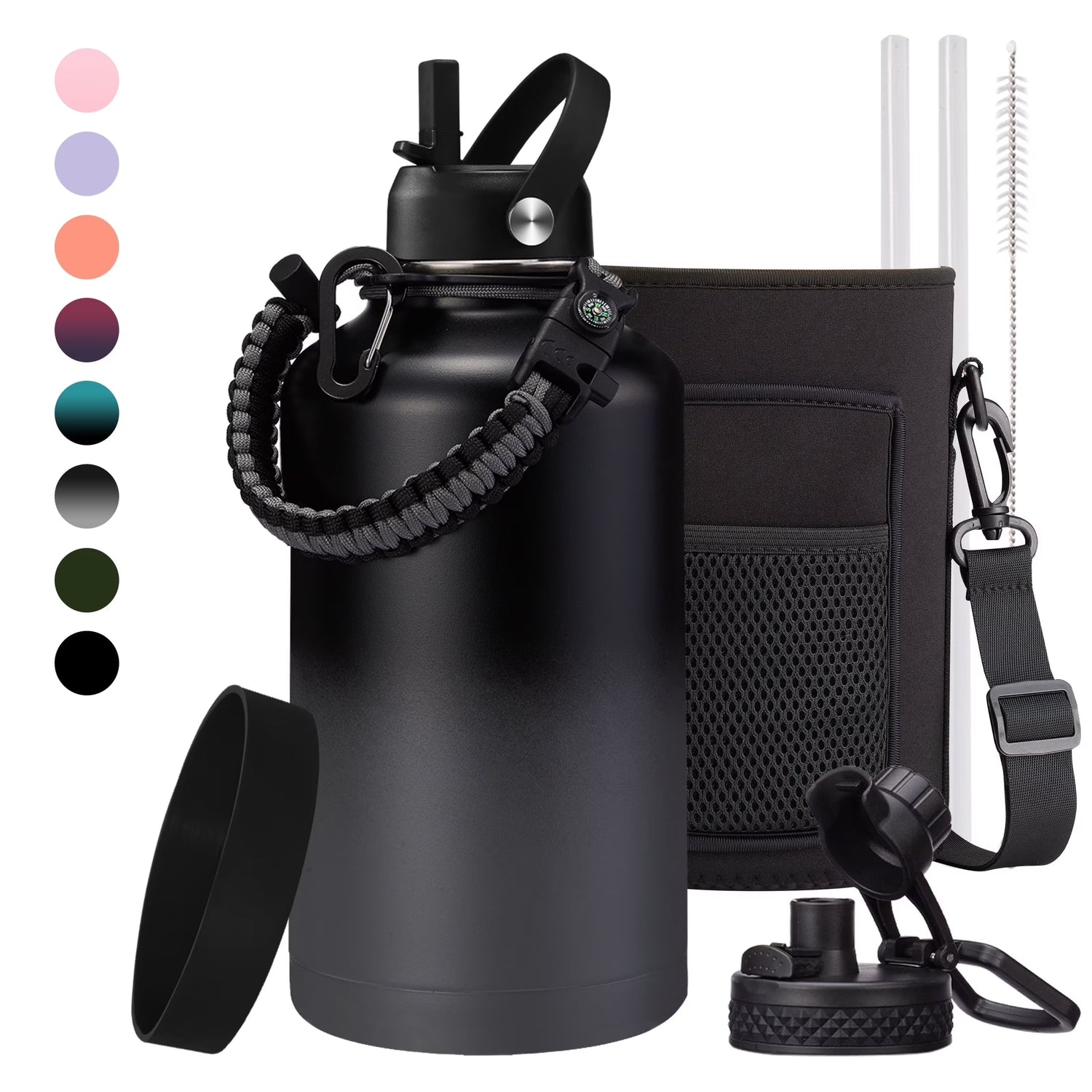 40 OZ Water Bottle with Straw - Auto Spout Lids, Paracord Handle, Carrier Bag, Flask Boot, Wide Mouth Stainless Steel Sports Water Bottles Thermal Water Flask Cold for 48H