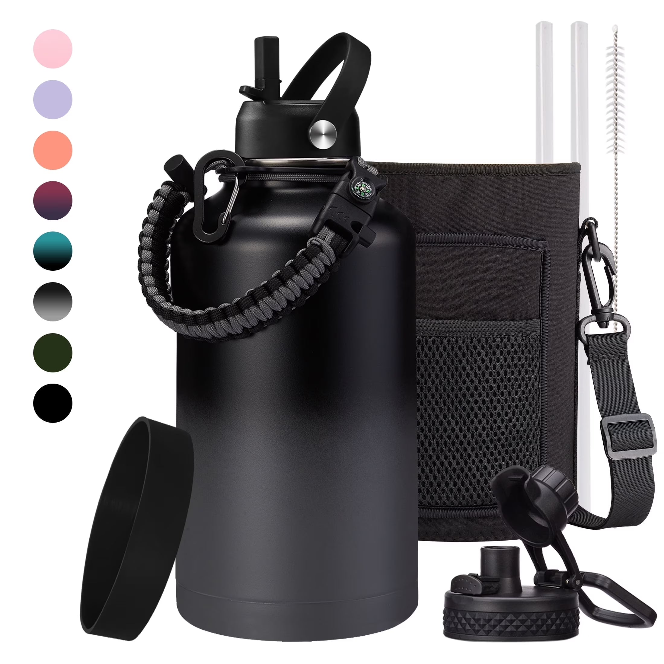 40 OZ Water Bottle with Straw - Auto Spout Lids, Paracord Handle, Carrier Bag, Flask Boot, Wide Mouth Stainless Steel Sports Water Bottles Thermal Water Flask Cold for 48H
