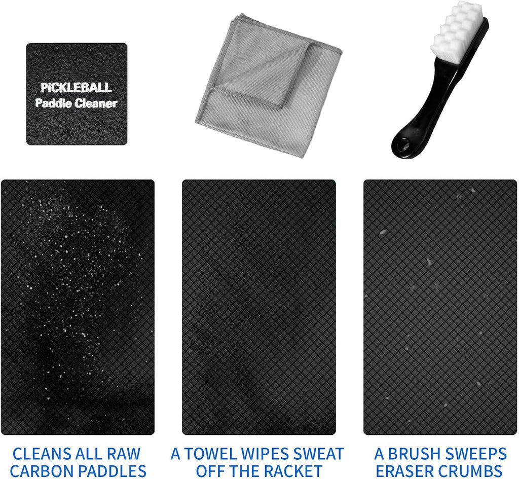 5-In-1 Pickleball Paddle Eraser Kit Raw Carbon Fiber Cleaner Grit Restorer | 2 Erasers, Microfiber Towel, Soft Brush & Pouch