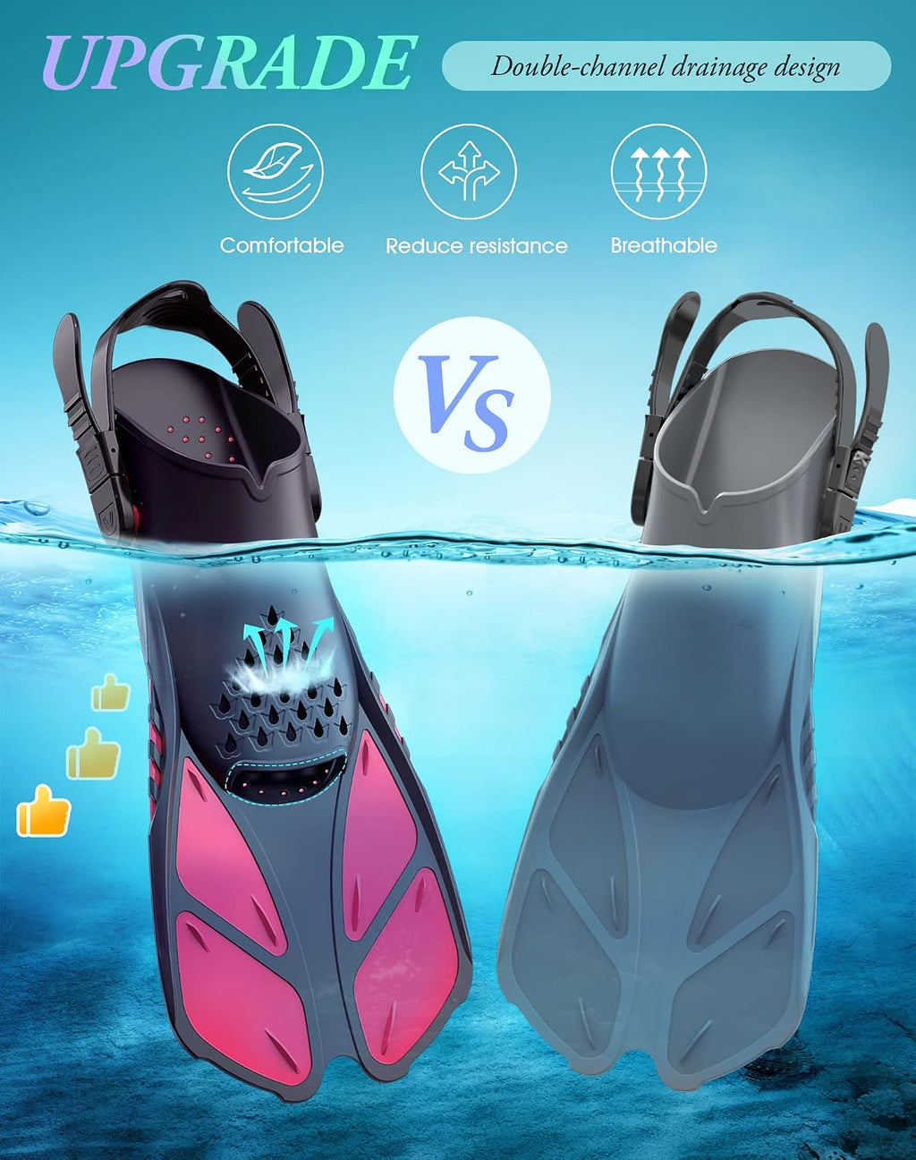 Snorkel Fins, Travel Size Short Flippers for Snorkel Swim Diving | Adjustable Swim Fins Flexible Open Heel Lightweight Scuba Diving Fins for Adult Men Women Kids Ideal for Recreational Use