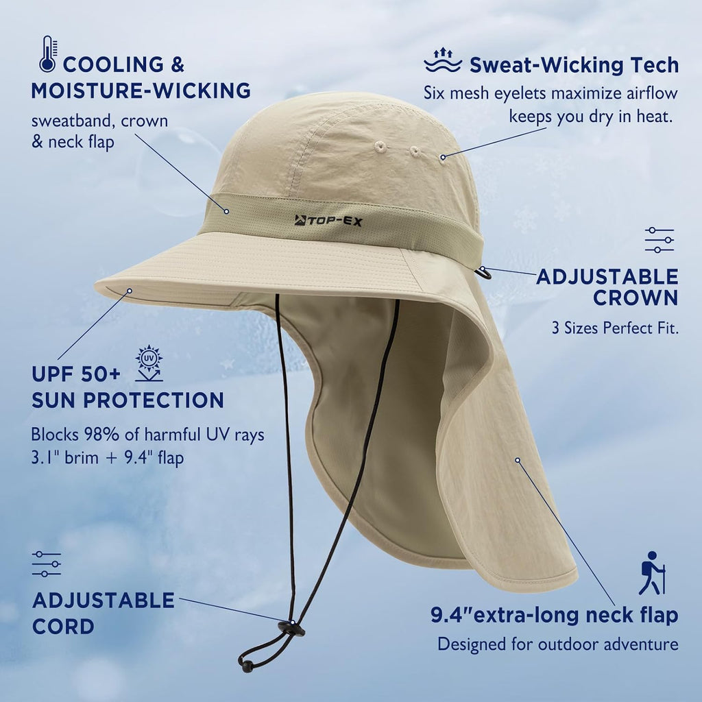 UPF 50+ Cooling Wide Brim Sun Hat for Men with Neck Flap, Packable | Uvcoolix™ Cooling Needs No Water; 3.1 in Rollable Shape-Holding Brim, 9.4 in Neck Coverage, Six Mesh Eyelets, Secure Fit