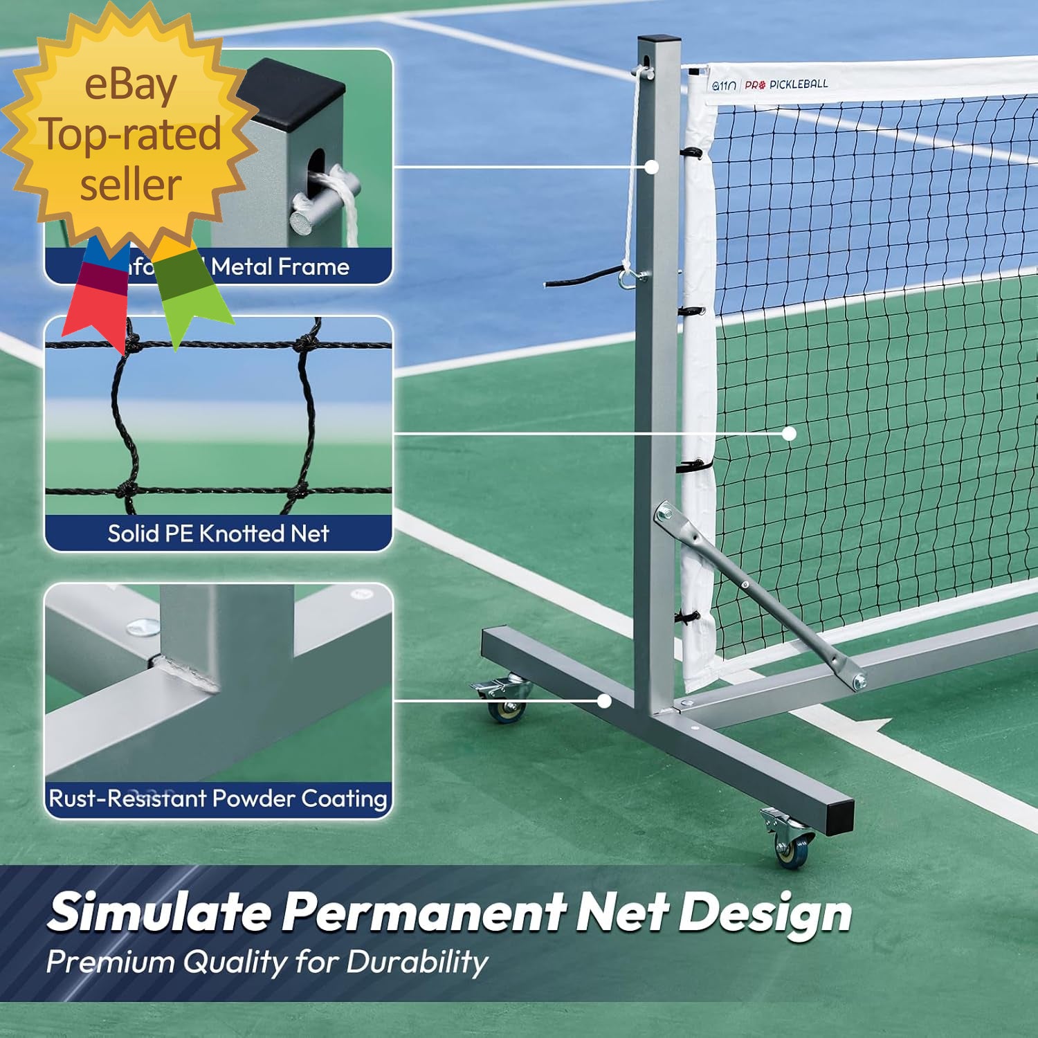 Pro Pickleball Net with Wheels and Hand Winch Tournament Regulation Size Anti-Sa