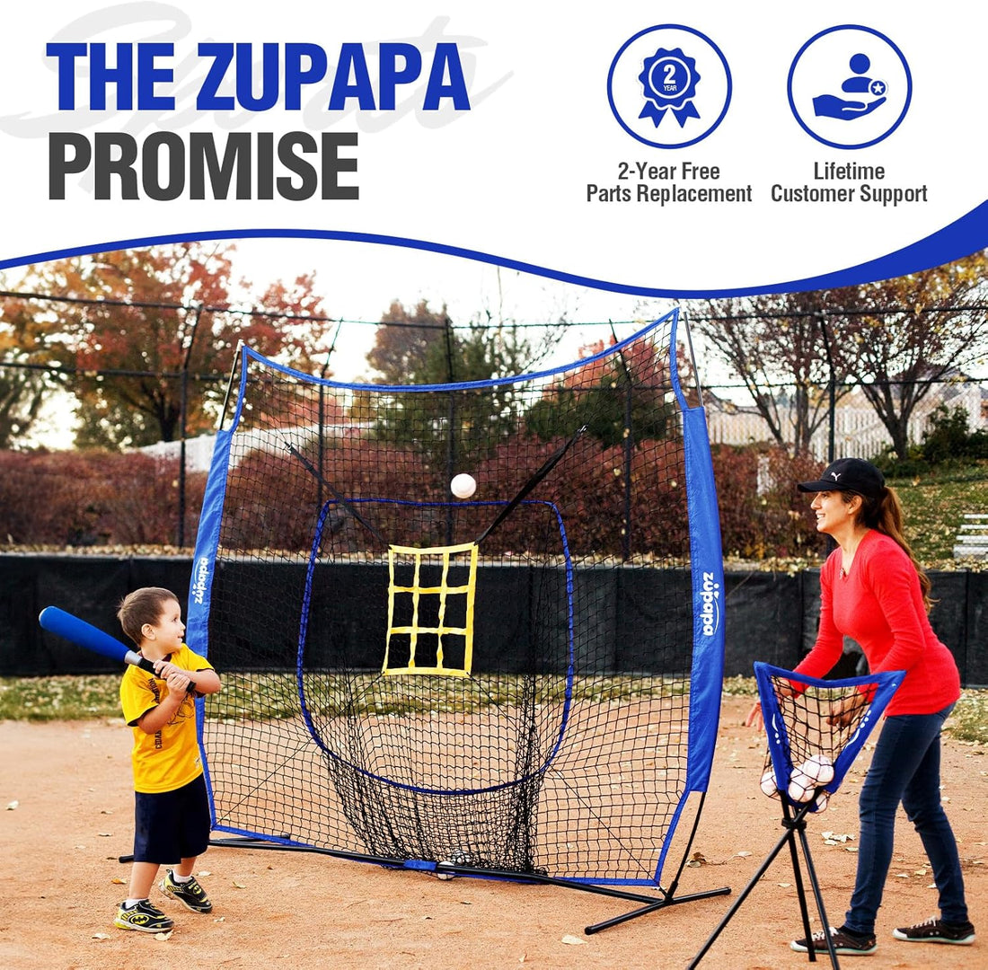 Baseball Softball Practice Combo - 7 X 7 Feet Net Tee Caddy 12 Pack Baseballs Set, Upgraded Vivid Strike Zone, Baseball Backstop Practice Net for Hitting Pitching Batting Catching