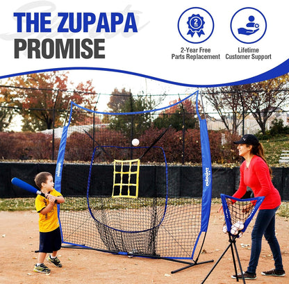 Baseball Softball Practice Combo - 7 X 7 Feet Net Tee Caddy 12 Pack Baseballs Set, Upgraded Vivid Strike Zone, Baseball Backstop Practice Net for Hitting Pitching Batting Catching